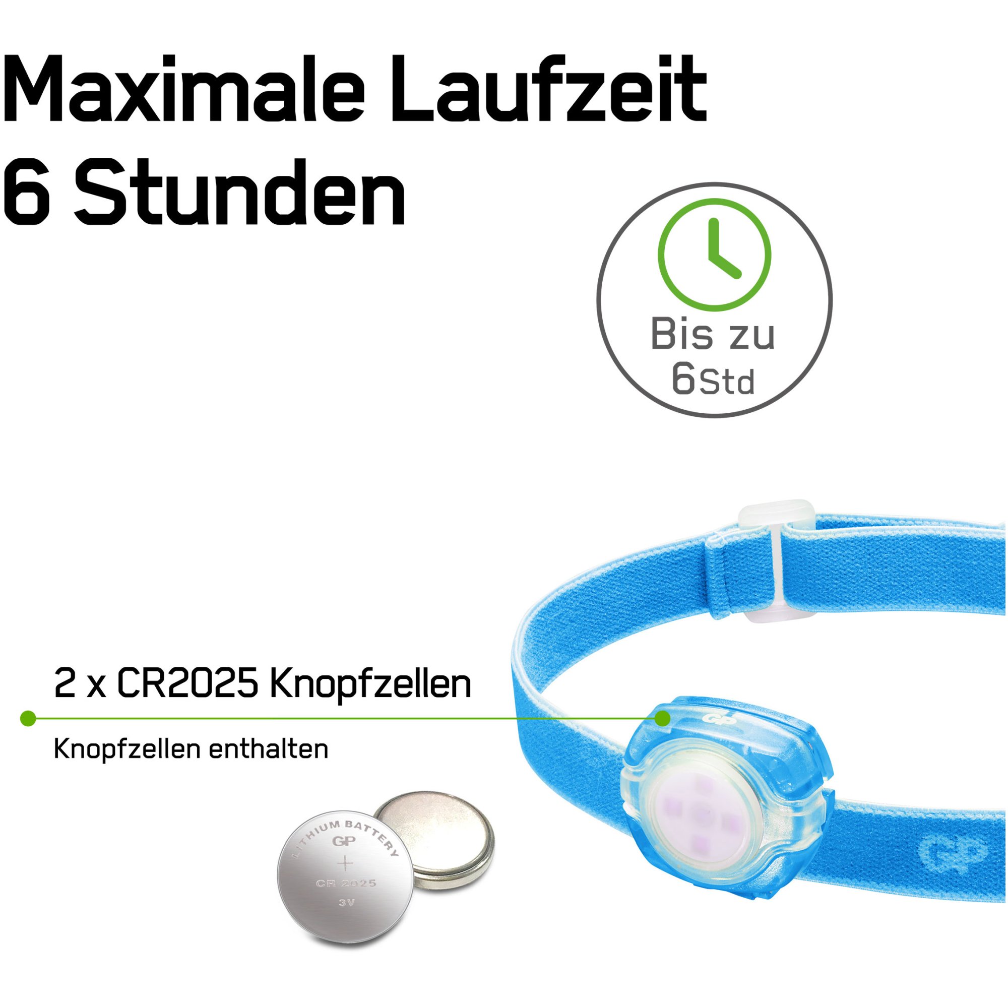 Stirnlampe GP CH31 40lumen inkl. 2x CR2025 Lithium Knopfzellen Blau
