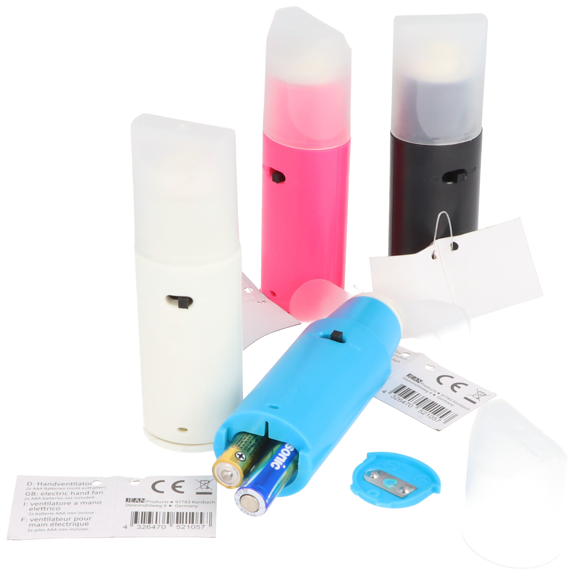 Mini-Ventilator mit Deckel, Handventilator, farblich sortiert, inklusive 2x Micro AAA Batterien