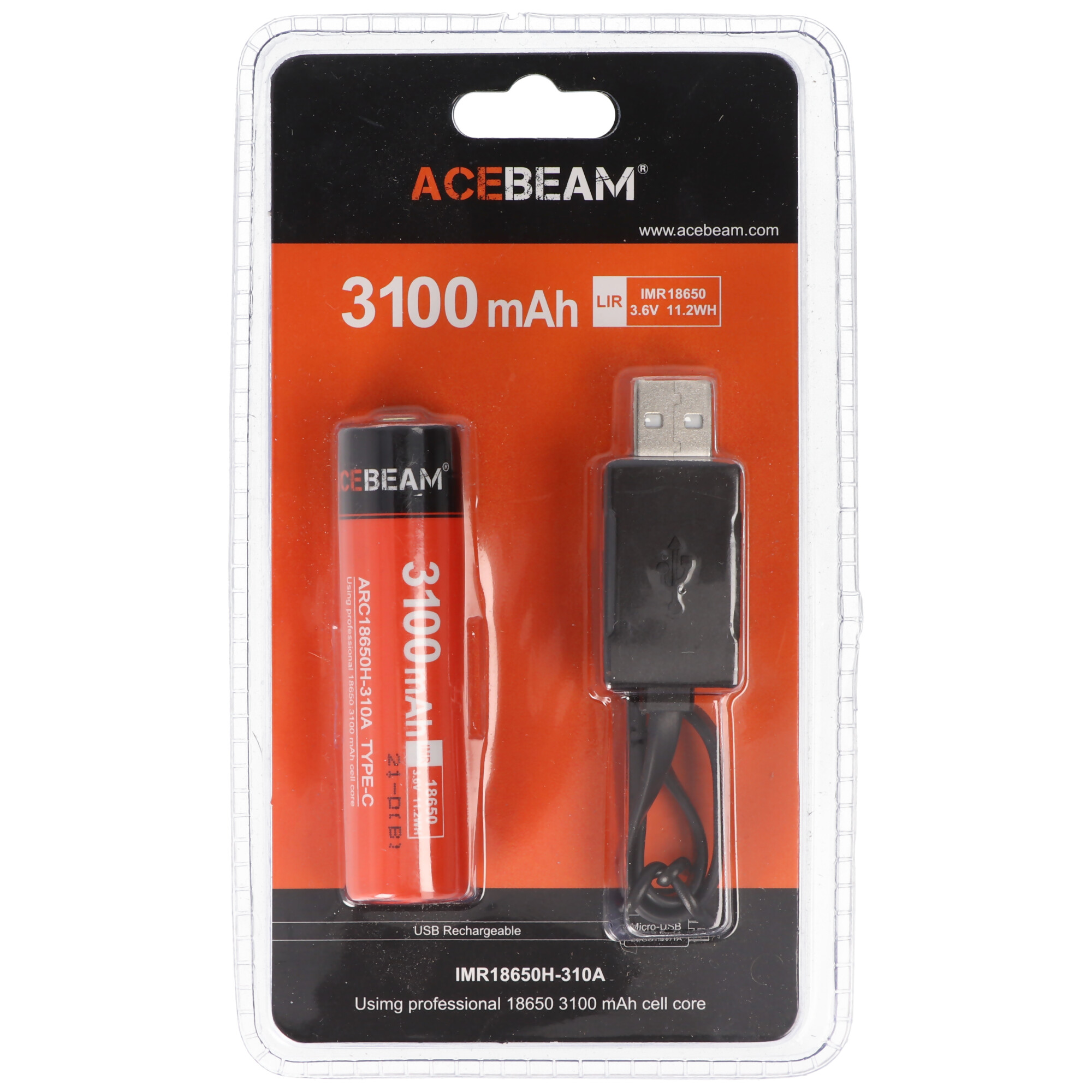 AceBeam 18650 Li-Ion Akku mit USB-C Ladeanschluss, ARC18650H-310A, 3,7V, 3100mAh