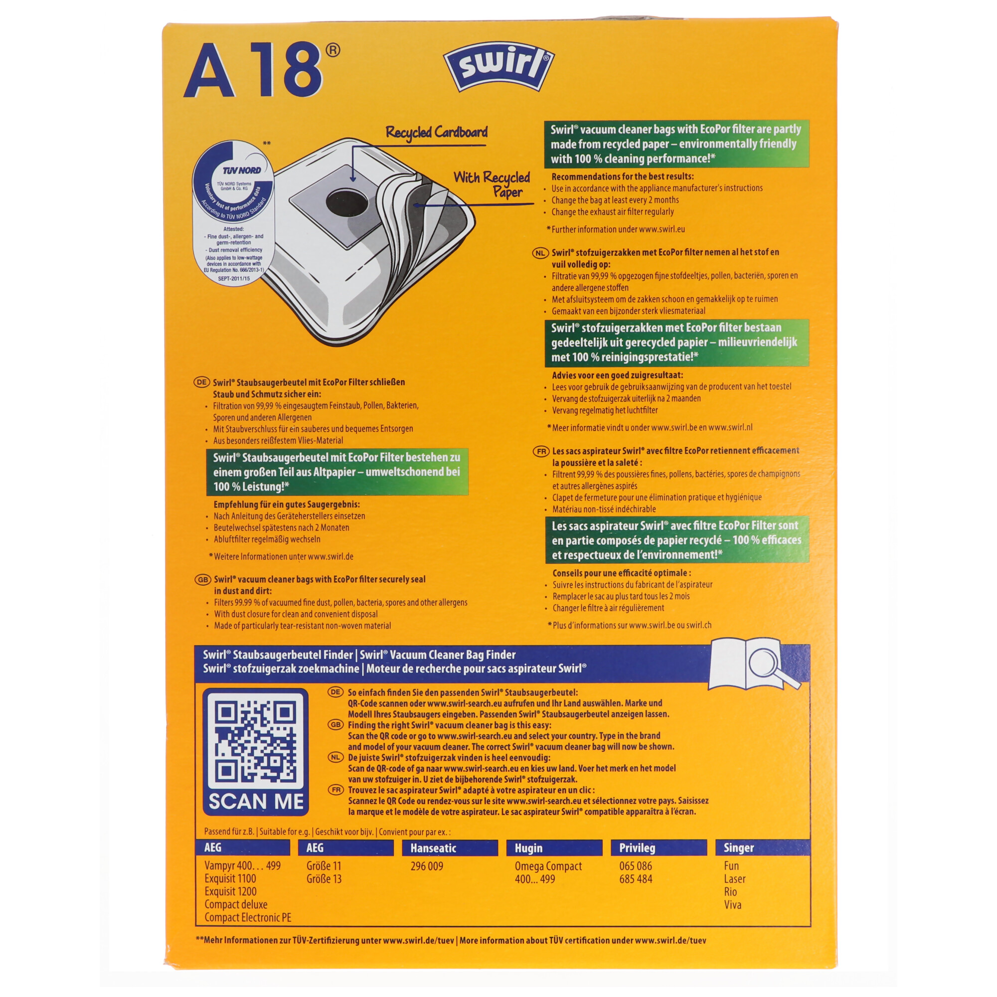 Swirl Staubsaugerbeutel A18 MicroPor Plus für AEG Staubsauger