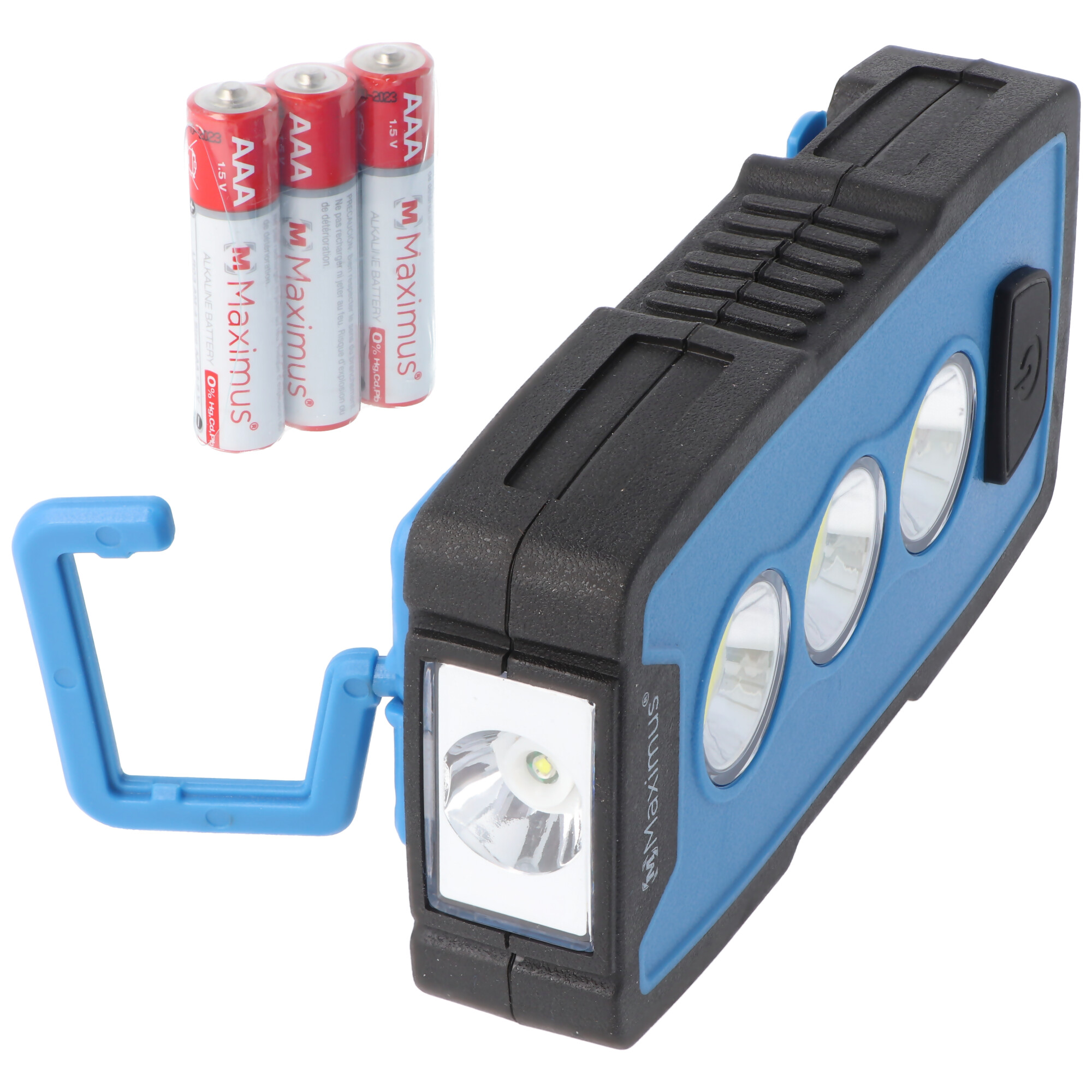 3 Watt LED Arbeitsleuchte M-WKL-006BBL, Multifunktionslampe, Taschenlampe, 230 Lumen, mit Haken, Magnet und Gürtelclip, inklusive 3x AAA Batterien