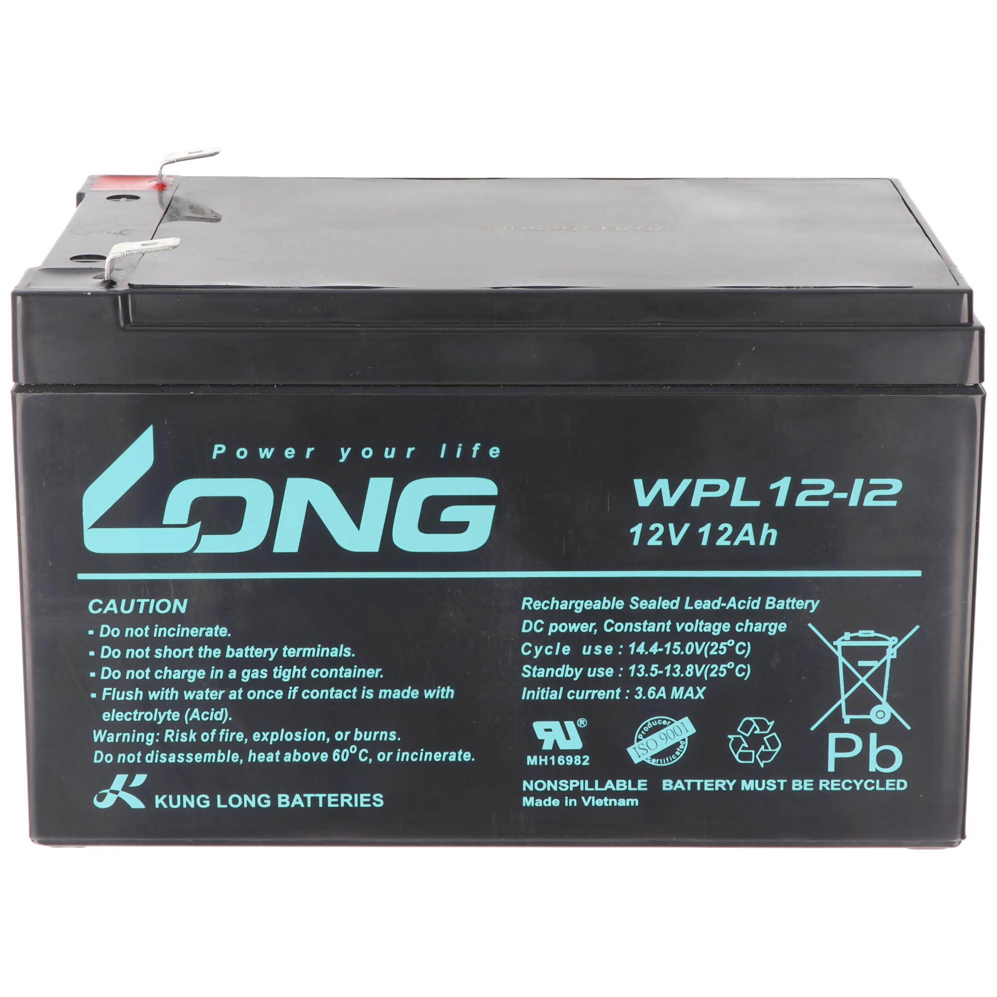 Kung Long WPL12-12 F2 Longlife Blei-Vlies-Akku, 12Volt, 12Ah mit 6,3mm Faston Anschluss