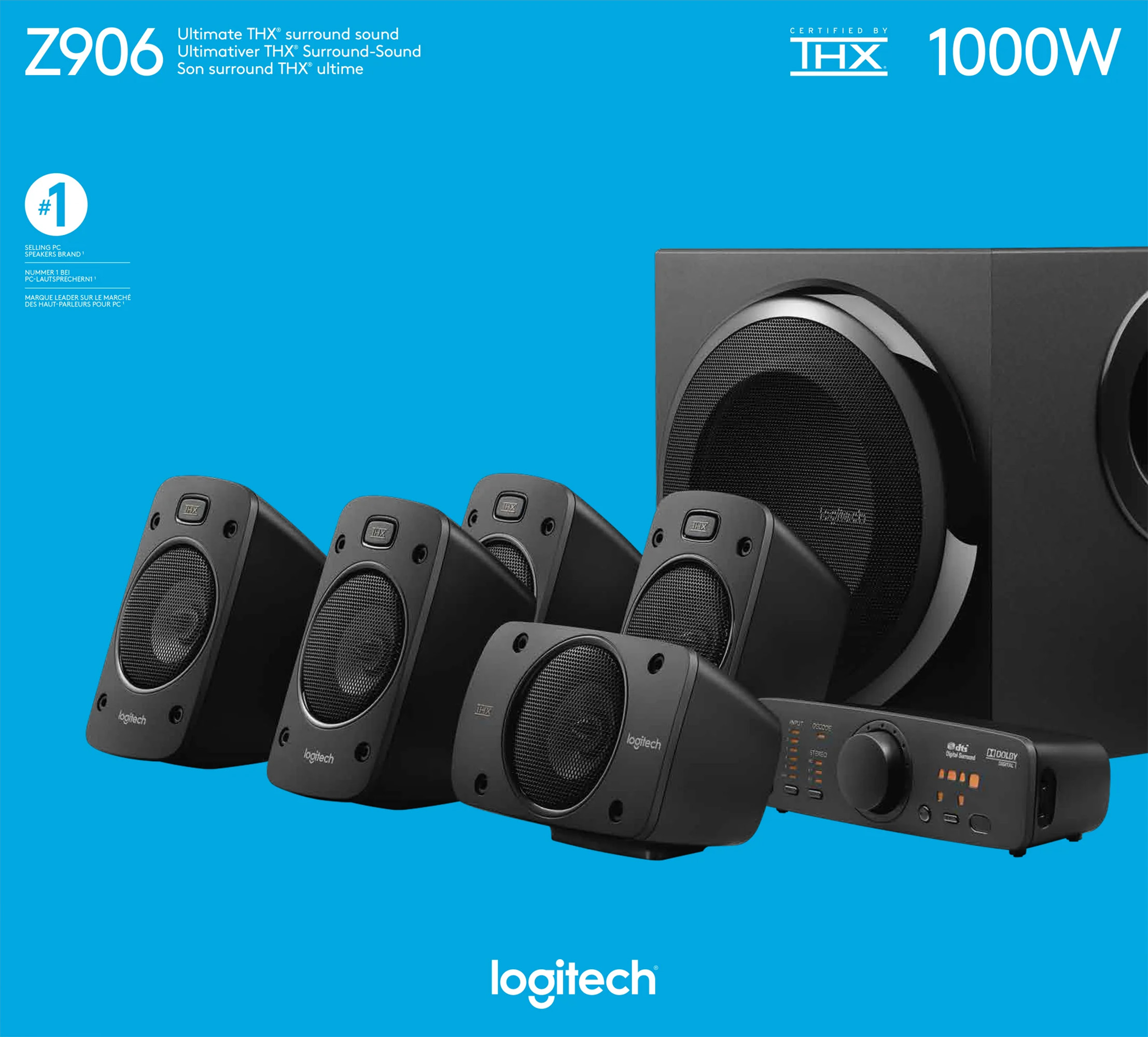 Logitech Lautsprecher Z906, Audio, Surround 5.1, 500W Subwoofer, THX-DD-DTS, schwarz, Retail