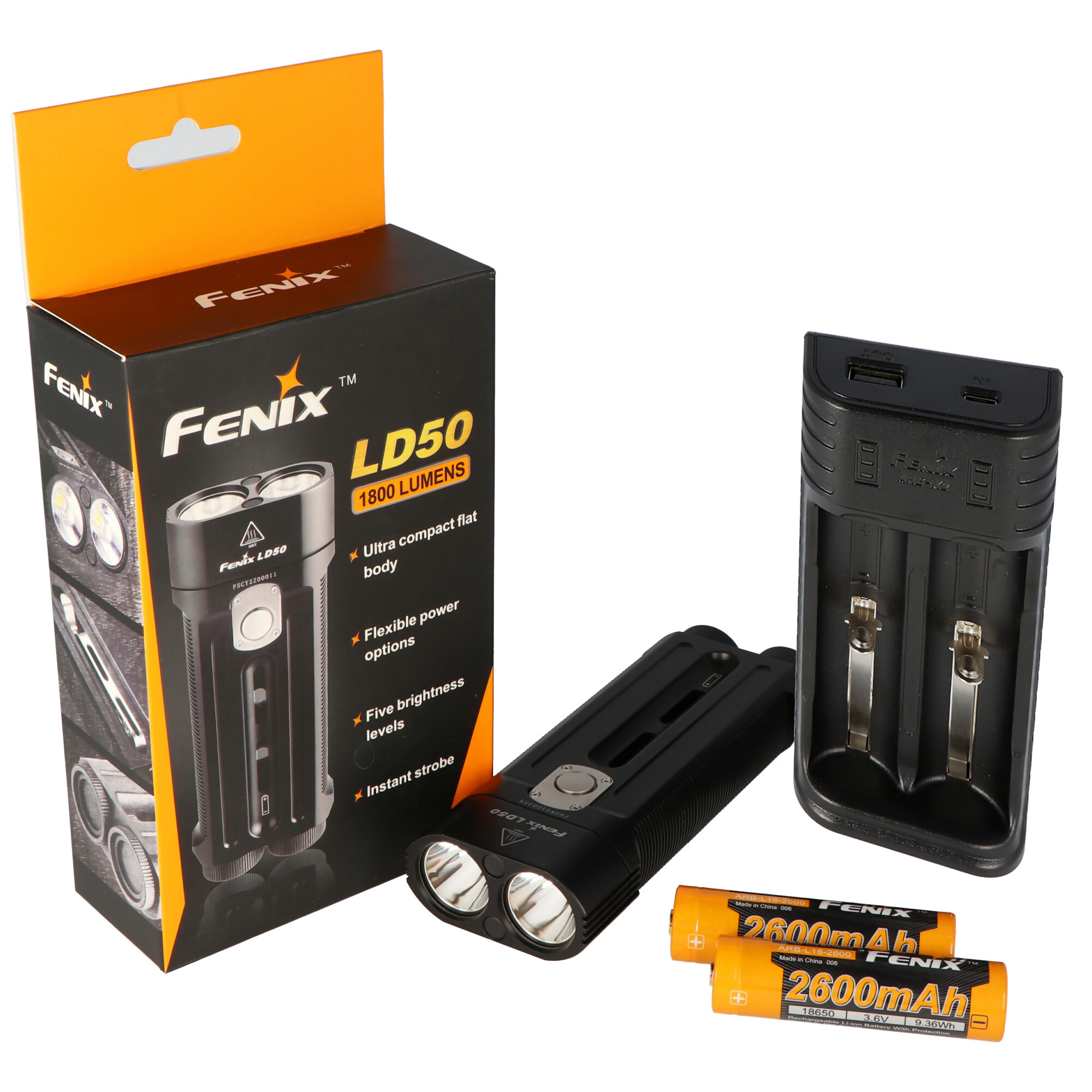 Fenix LD50 Cree XM-L2 U2 LED Taschenlampe, 1800 Lumen mit zweifach LED und getrennter Stromversorgung