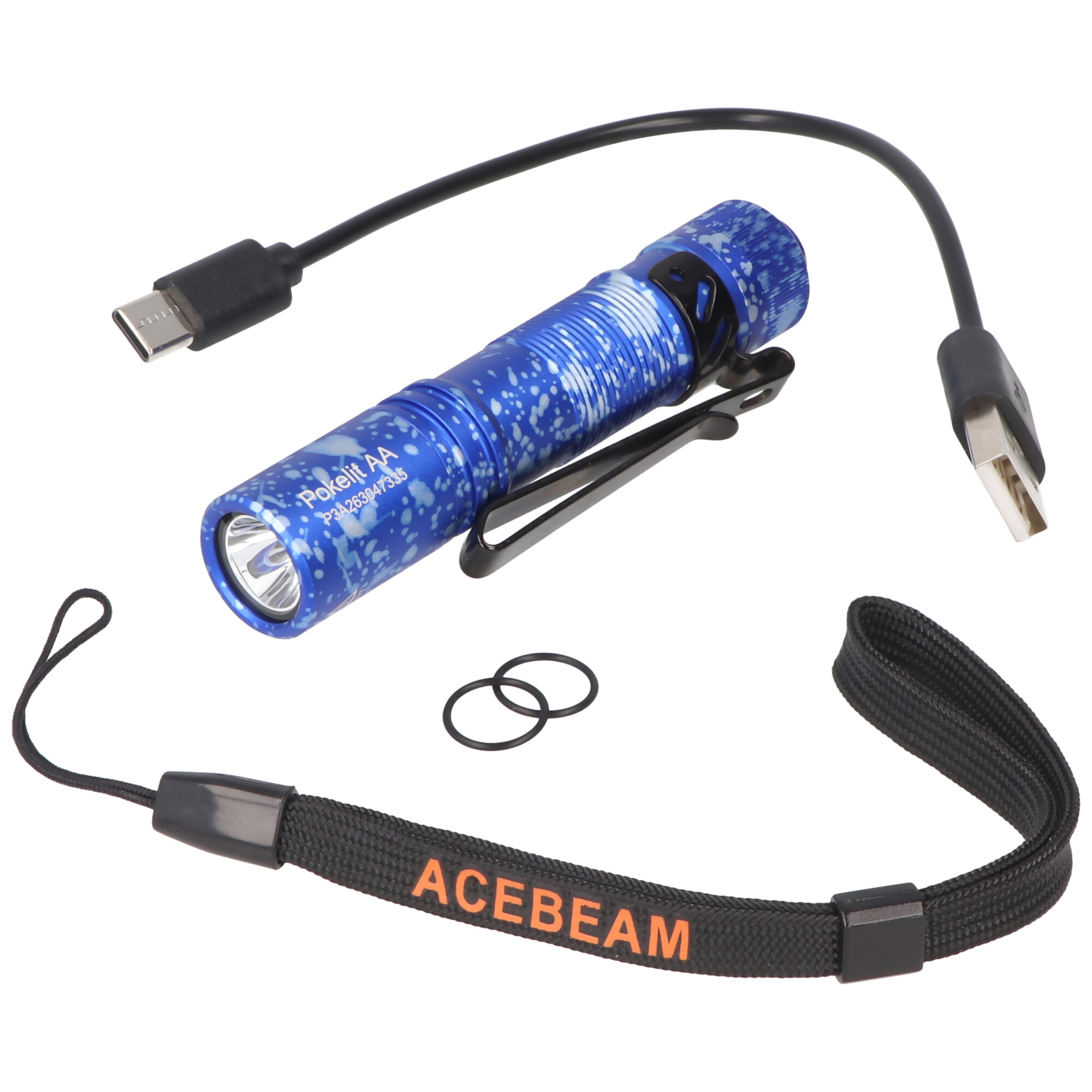 AceBeam Pokelit AA LED-Taschenlampe in blauer camouflage Optik, 550 Lumen, inklusive 14500 Li-Ion 920mAh Akku mit USB-C Anschluss