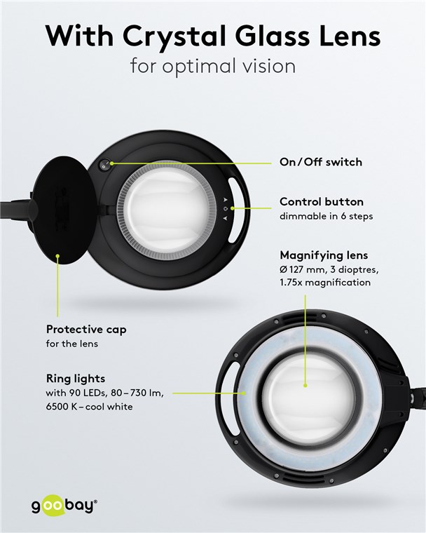 Goobay LED-Klemm-Lupenleuchte, 9 W, schwarz - 80-730 lm, dimmbar, 127 mm Kristall-Glaslinse, 1,75-fache Vergrößerung, 3 Dioptrien