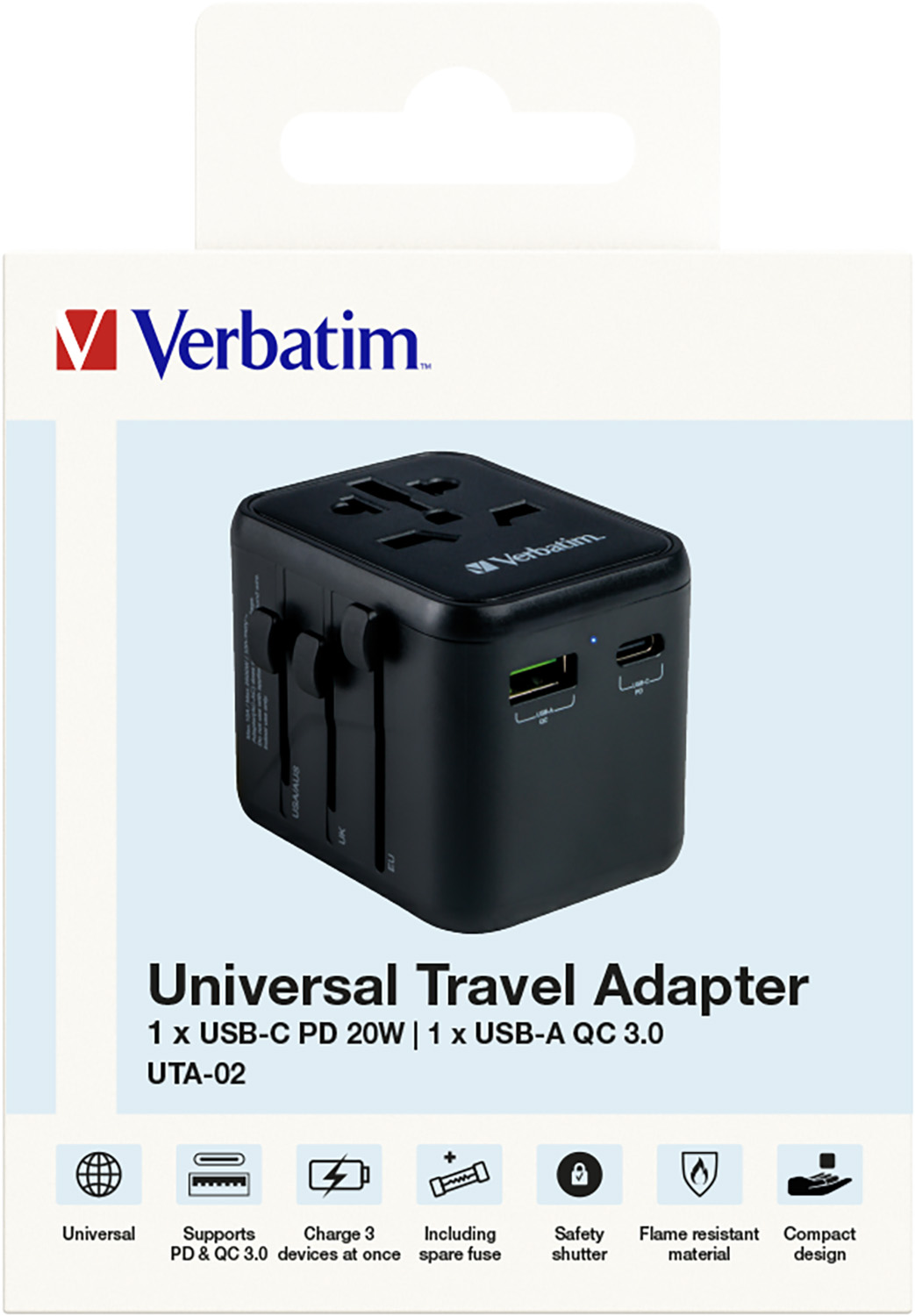 Verbatim Ladeadapter, Universal Travel, UTA-02, schwarz 100-250V, 1x USB Typ-A QC, 1x USB Typ-C PD, Retail