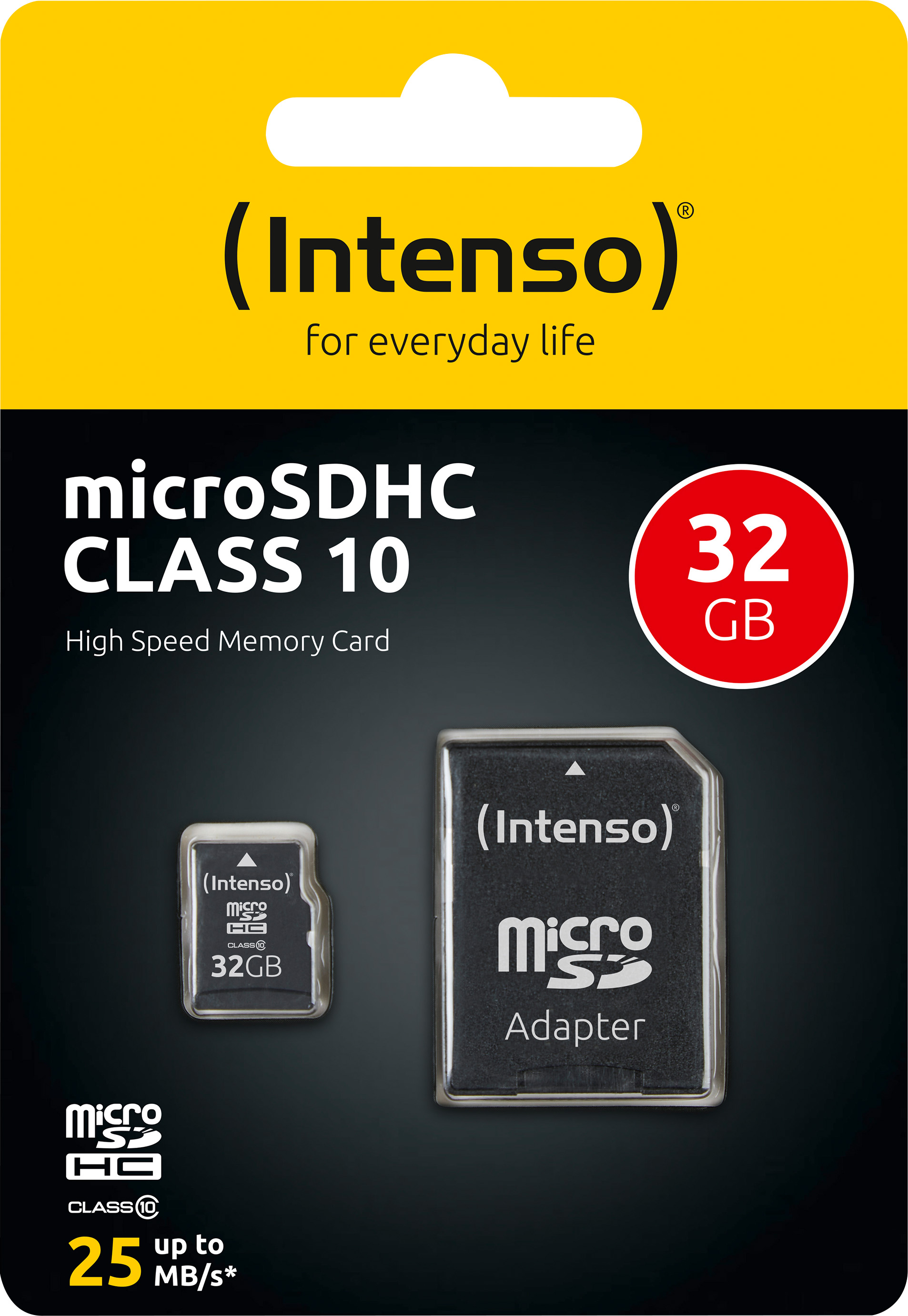 Intenso microSDHC Card 32GB, Class 10 (R) 25MB/s, (W) 10MB/s, SD-Adapter, Retail-Blister