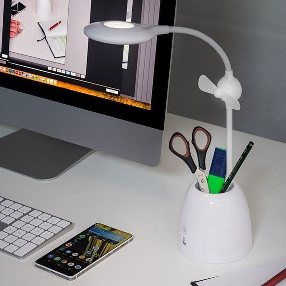 LED Schreibtischleuchte mit Mini-Ventilator und Stiftebox