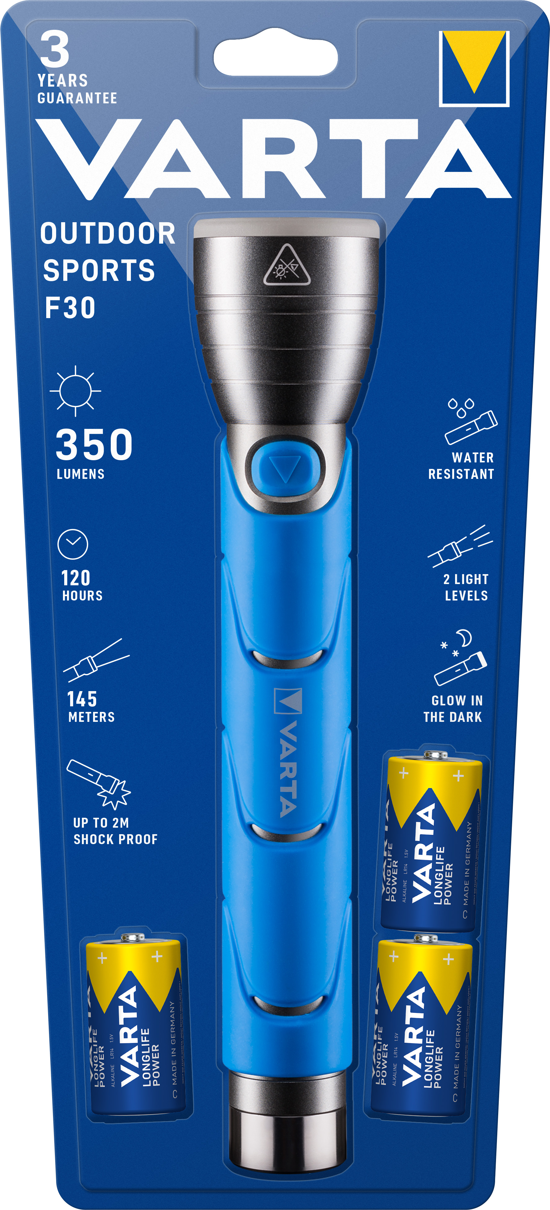 Varta LED Taschenlampe Outdoor Sports, F30 350lm, inkl. 3x Batterie Baby C, Retail Blister