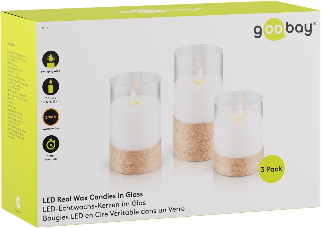 Goobay 3er-Set LED-Echtwachs-Kerzen im Glas, weiß - mit Pendeldocht und Timer, batteriebetrieben (je 2x AA), warmweiß (2700 K)
