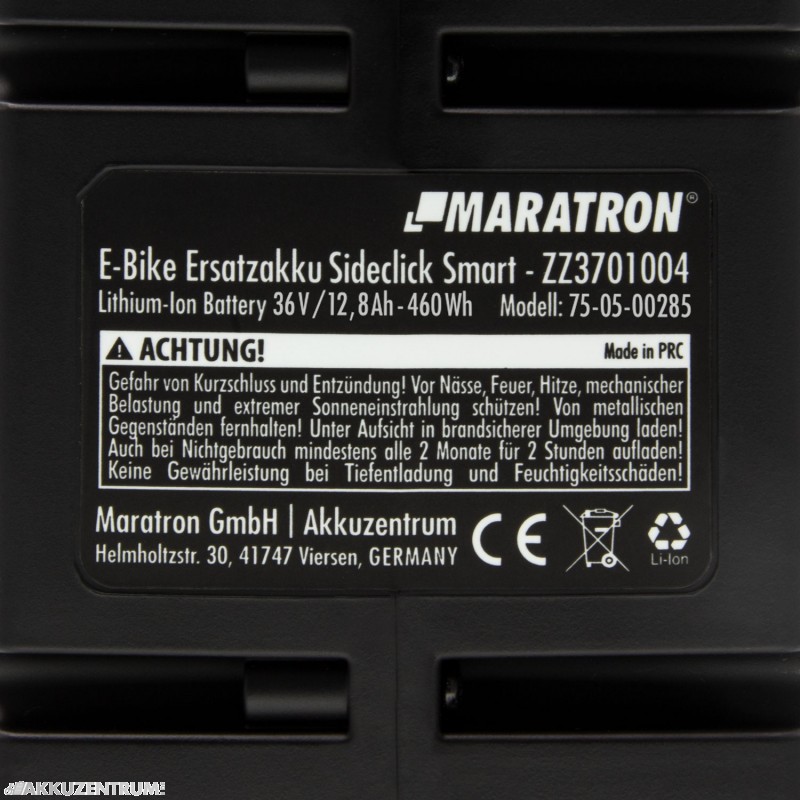 E-Bike Akku Maratron Ersatzakku für smarten "SideClick" – CAN-Bus 36V / 12,8Ah  – schwarz - Sattelrohr