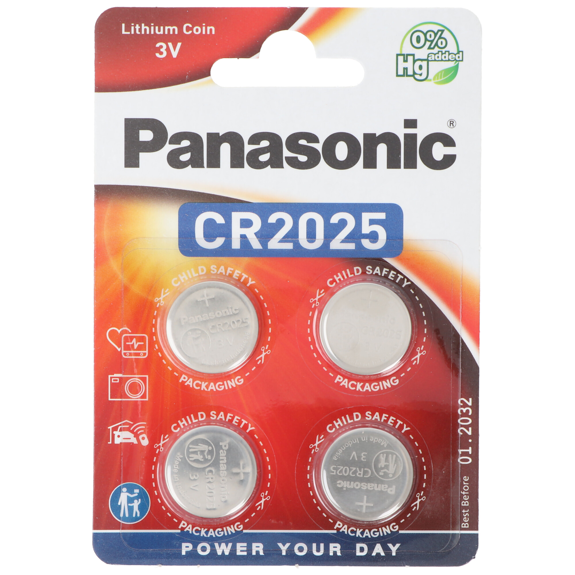 Panasonic Batterie Lithium, Knopfzelle, CR2025, 3V Electronics, Lithium Power, Retail Blister (4-Pack)