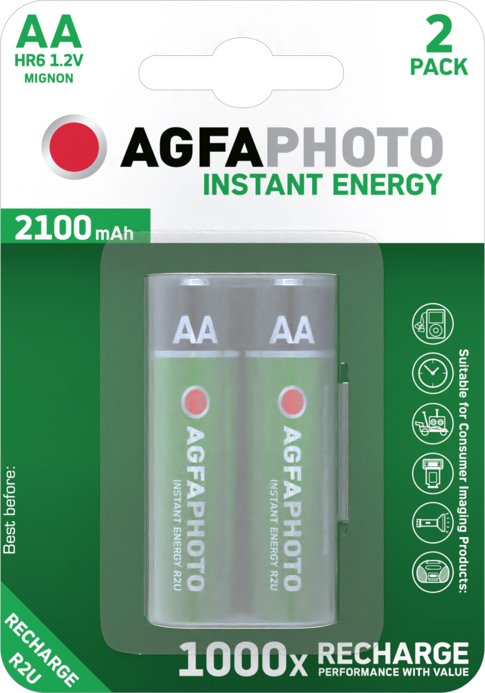 Agfaphoto Akku NiMH, Mignon, AA, HR06, 1.2V/2100mAh Instant Energy, Pre-charged, Retail Blister (2-Pack)