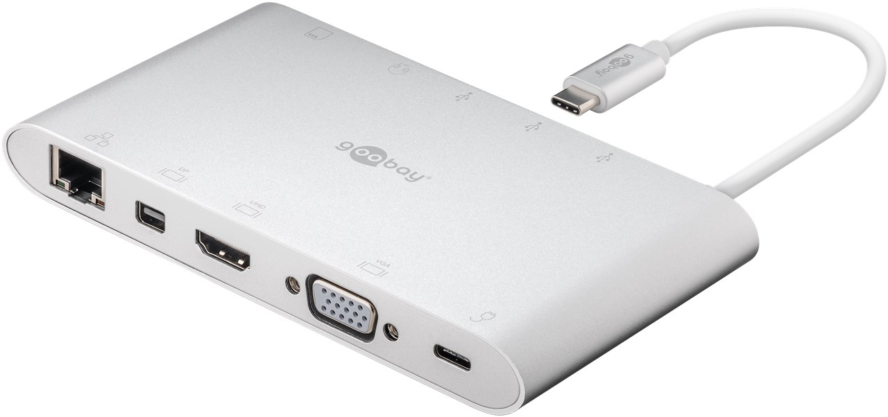 USB-C Multiport-Adapter aus Aluminium erweitert ein USB-C Gerät um einen Ethernet-, einen HDMI-, einen VGA-, einen Mini DisplayPort-, 3 USB-A 3.0- Anschlüsse, einen 3,5 mm-Klinkenanschluss sowie einen