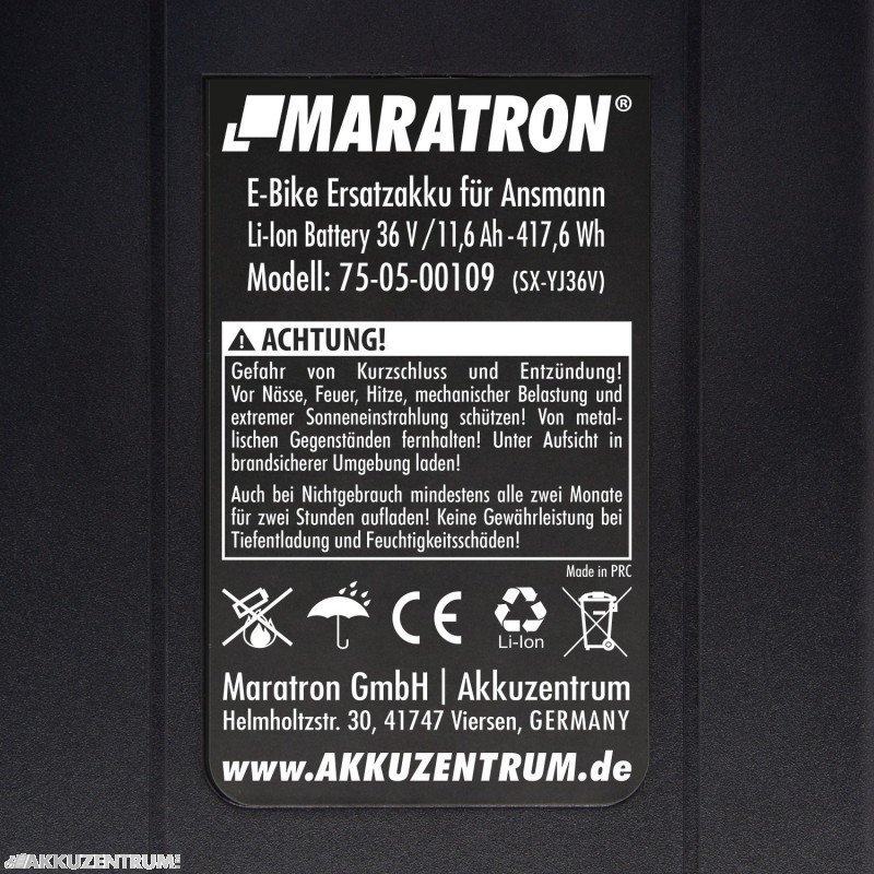 E-Bike Akku Maratron Gepäckträgerakku für Ansmann / PortaPower – 37V / 12Ah - Gepäckträger