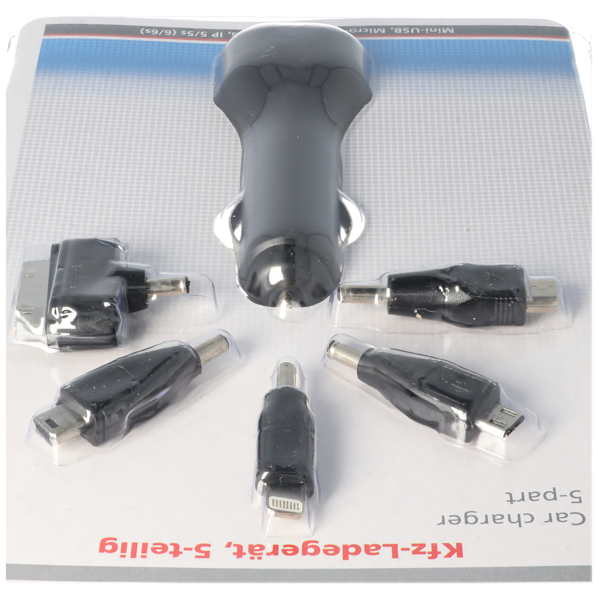 12 Volt USB Ladegerät 5-teilig mit Stecker Micro-USB, Mini-USB, für iPhone 3, 4, 5, 6 und NDS, Kabellänge 1,1 Meter