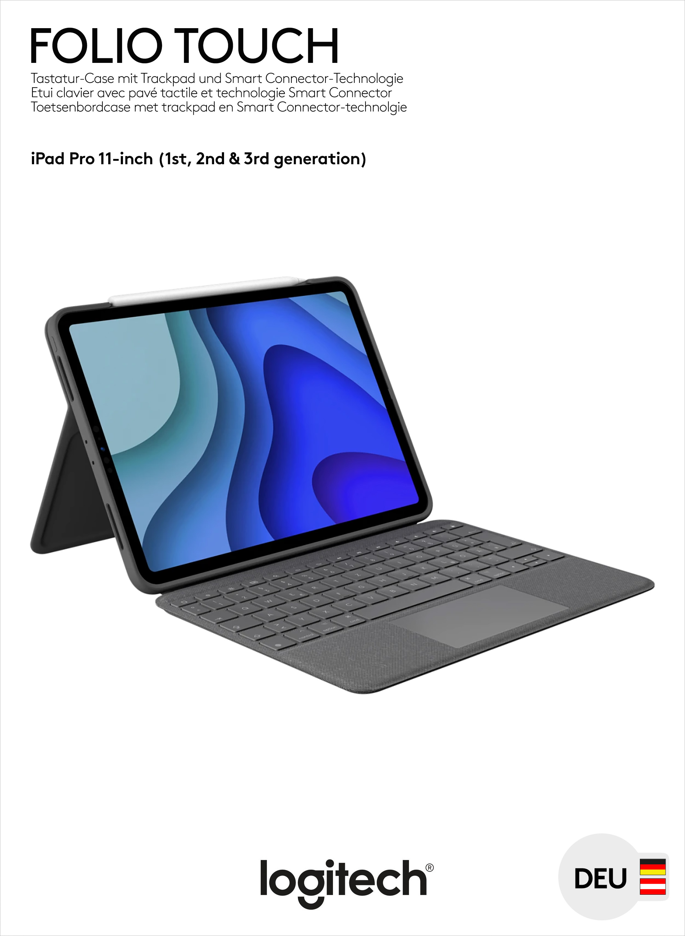 Logitech Tastatur Folio Touch, Smart Connector, grafit für Apple iPad Pro 11", Gen.1/2/3/4, Trackpad, DE, Retail