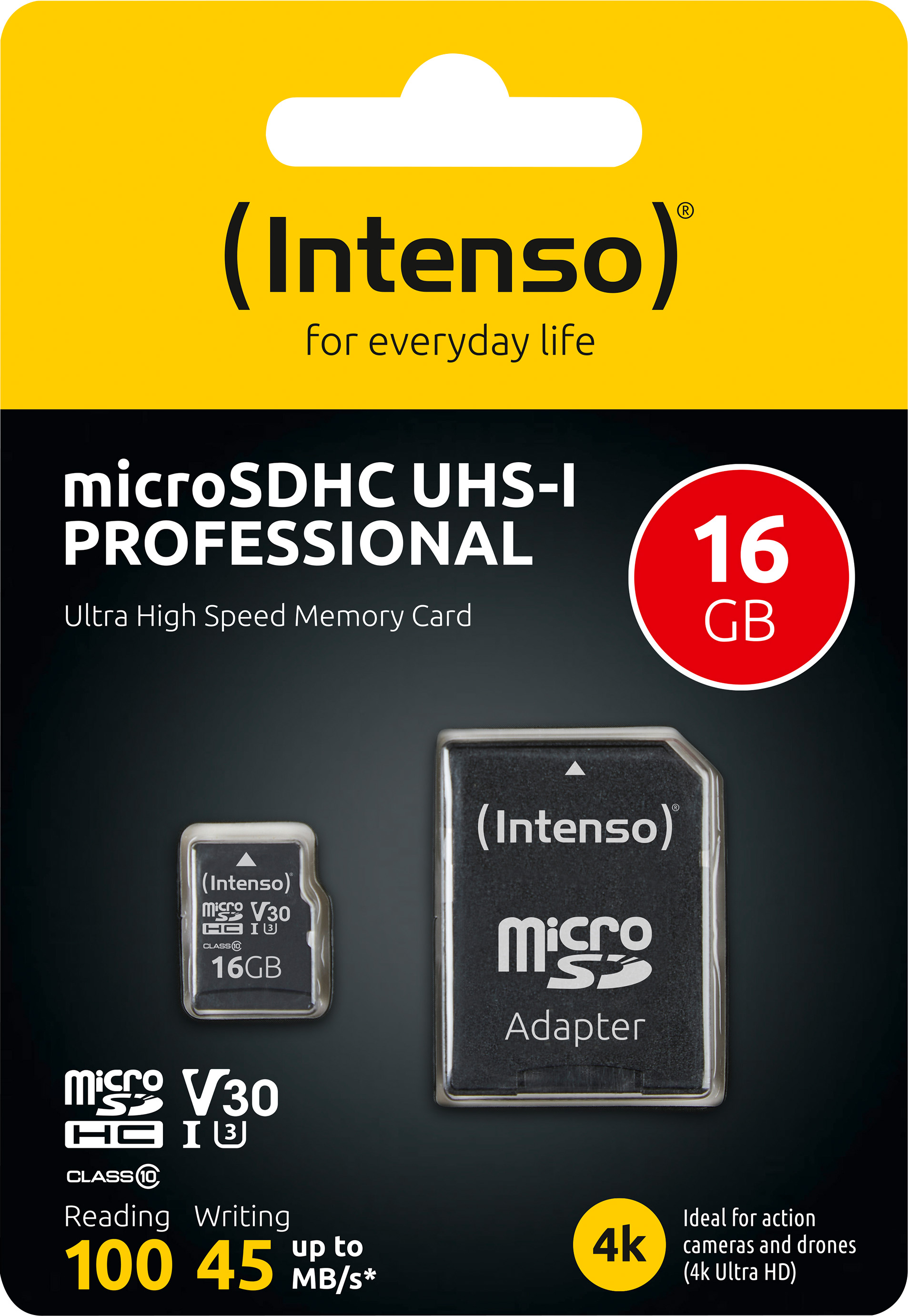 Intenso microSDHC Card 16GB, Professional, Class 10, U1 (R) 100MB/s, (W) 45MB/s, SD-Adapter, Retail-Blister