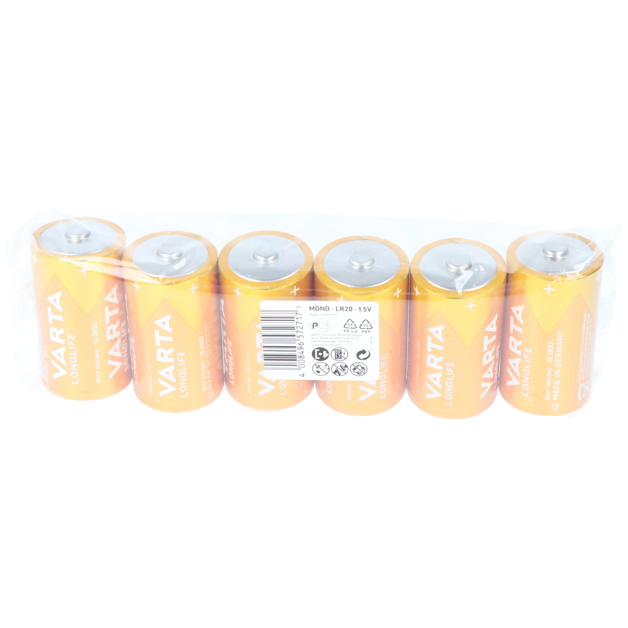 Varta Batterie Alkaline, Mono, D, LR20, 1.5V Longlife, Folienverpackung (6-Pack)