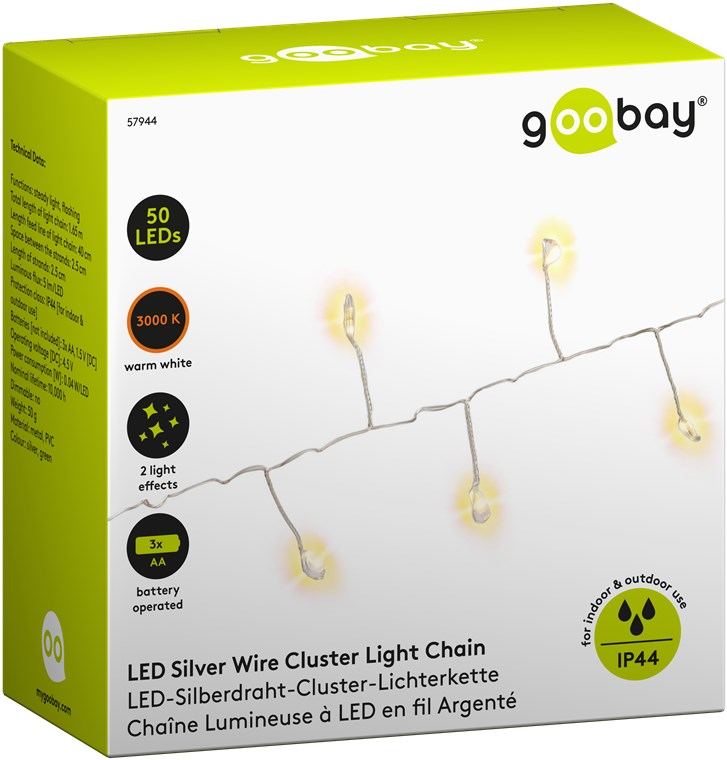 Goobay 50er LED-Silberdraht-Cluster-Lichterkette - mit 2 Leuchtmodi, warmweiß (3000 K), batteriebetrieben, für den Innen- und Außenbereich (IP44)