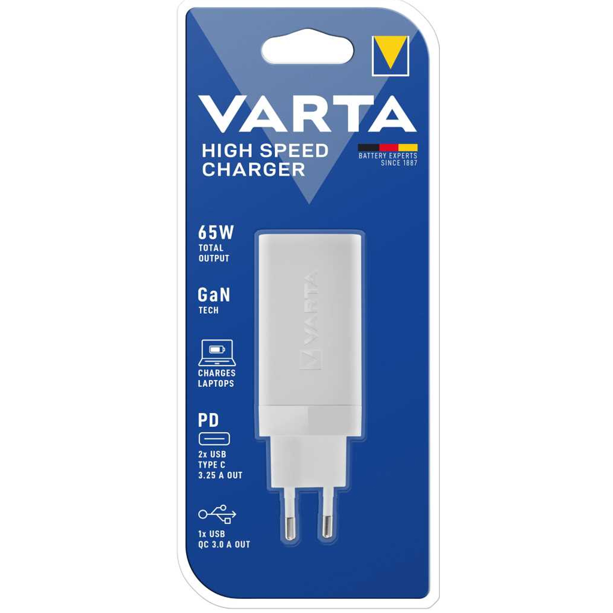 Varta High Speed Ladegerät 65W, Schnellladung für 2x Typ C PD und USB