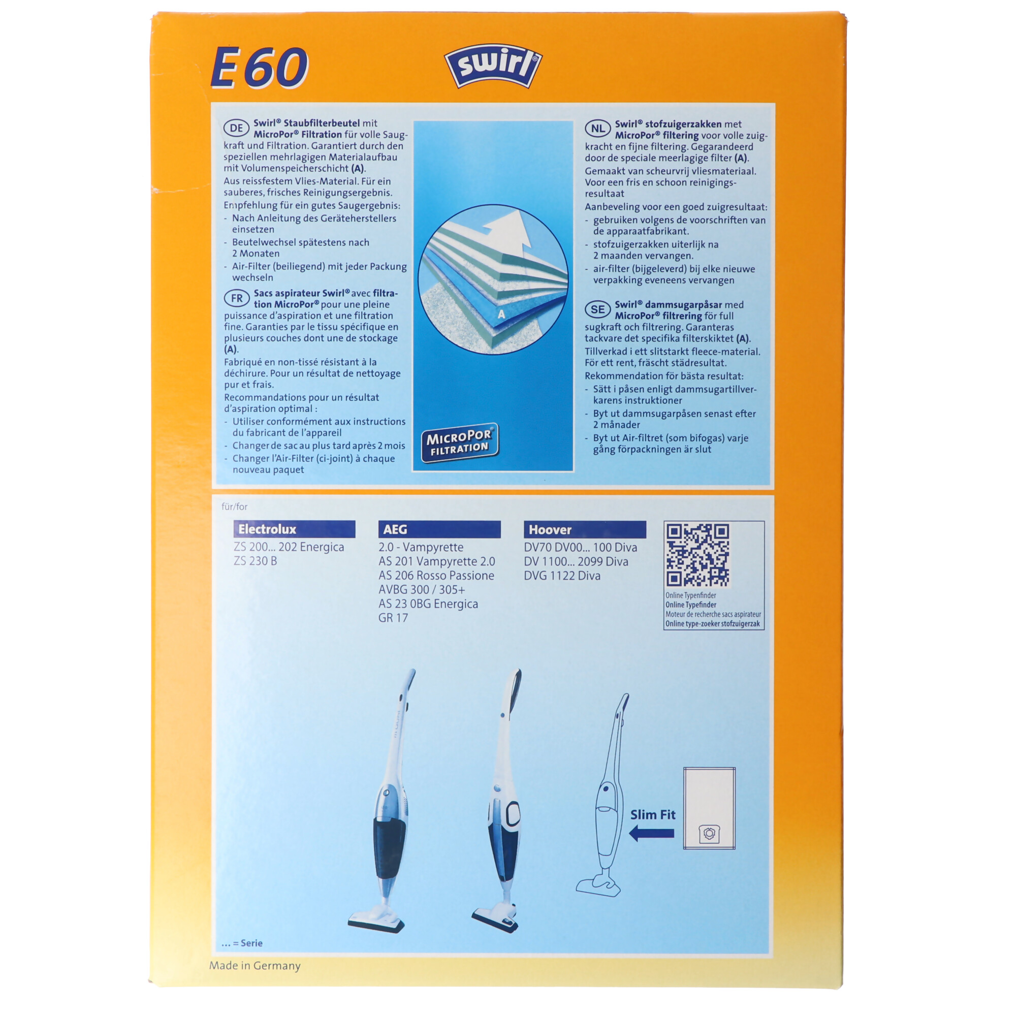 Swirl Staubsaugerbeutel E60 MicroPor für Electrolux, AEG und Hoover Staubsauger