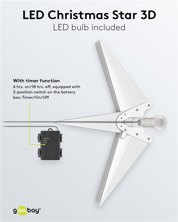 Goobay LED-Weihnachtsstern 3D, Ø 56 cm, batteriebetrieben - Außenstern mit Timer und 18 Zacken, warmweiß (3000 K), aus wetterfestem Kunststoff (IP44), Kabel 2 m