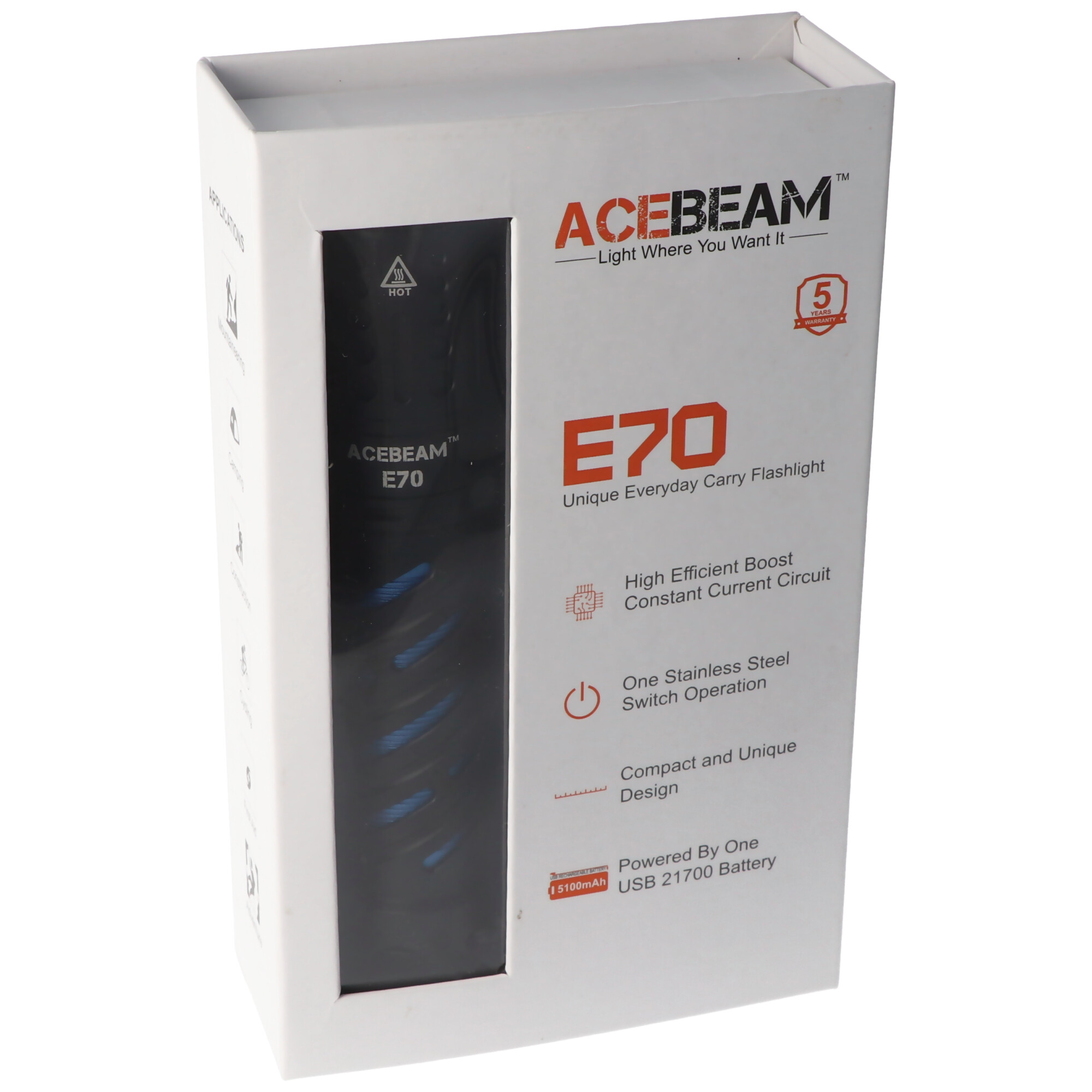 AceBeam E70 LED-Taschenlampe mit 4600 Lumen, E70-AL, kaltweiße LED mit 6.500K, inklusive 21700 Li-Ion Akku 5000mAh mit USB-C Ladebuchse