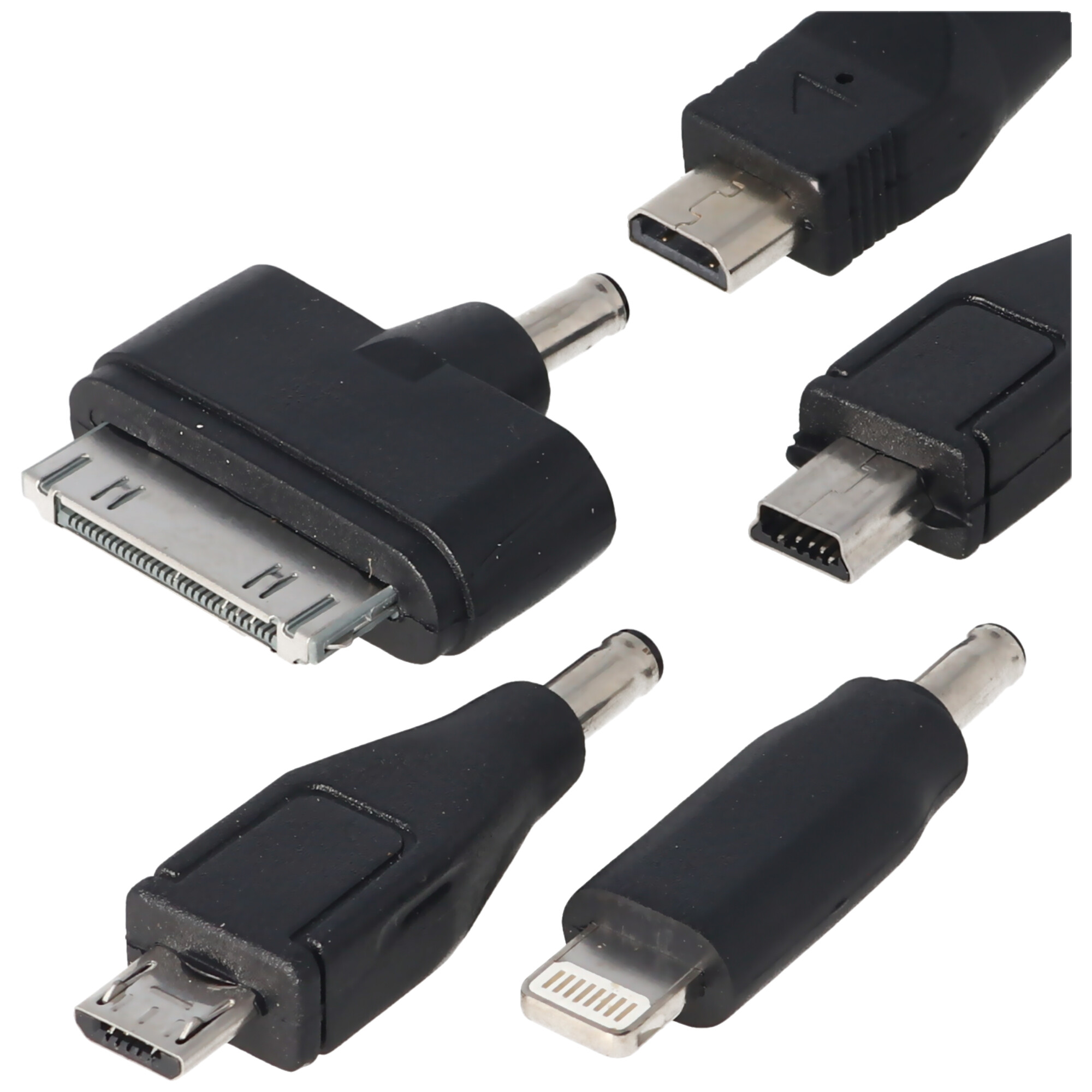 12 Volt USB Ladegerät 5-teilig mit Stecker Micro-USB, Mini-USB, für iPhone 3, 4, 5, 6 und NDS, Kabellänge 1,1 Meter
