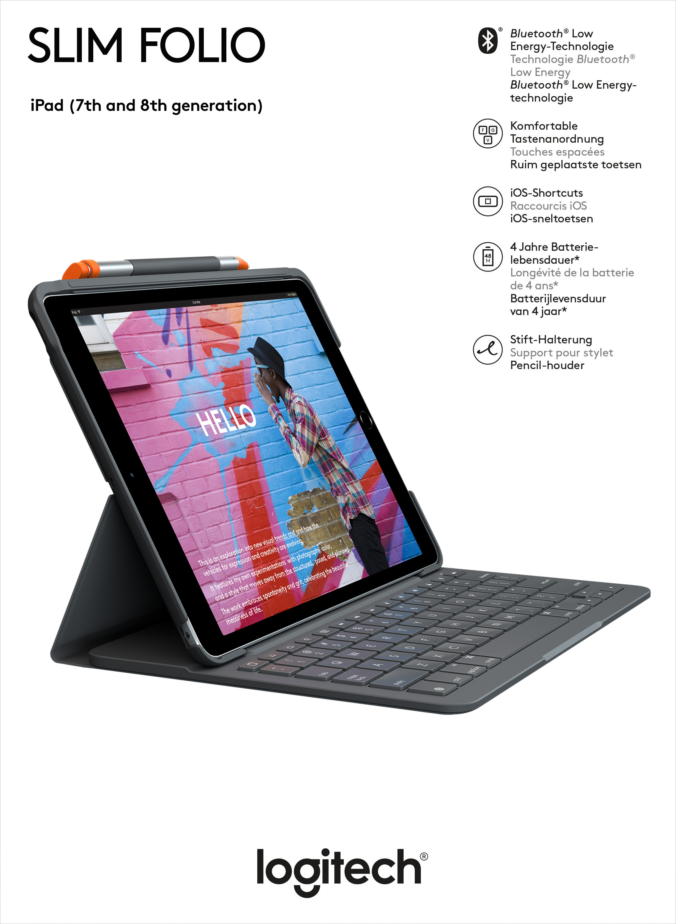 Logitech Tastatur Slim Folio, Bluetooth, grafit für Apple iPad 10.2", Gen.7/8/9, DE, Retail