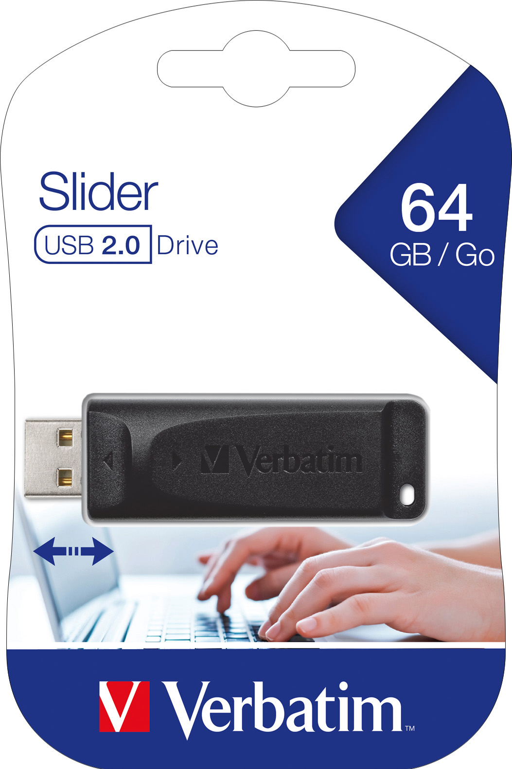 Verbatim USB 2.0 Stick 64GB, Slider (R) 10MB/s, (W) 4MB/s, Retail-Blister