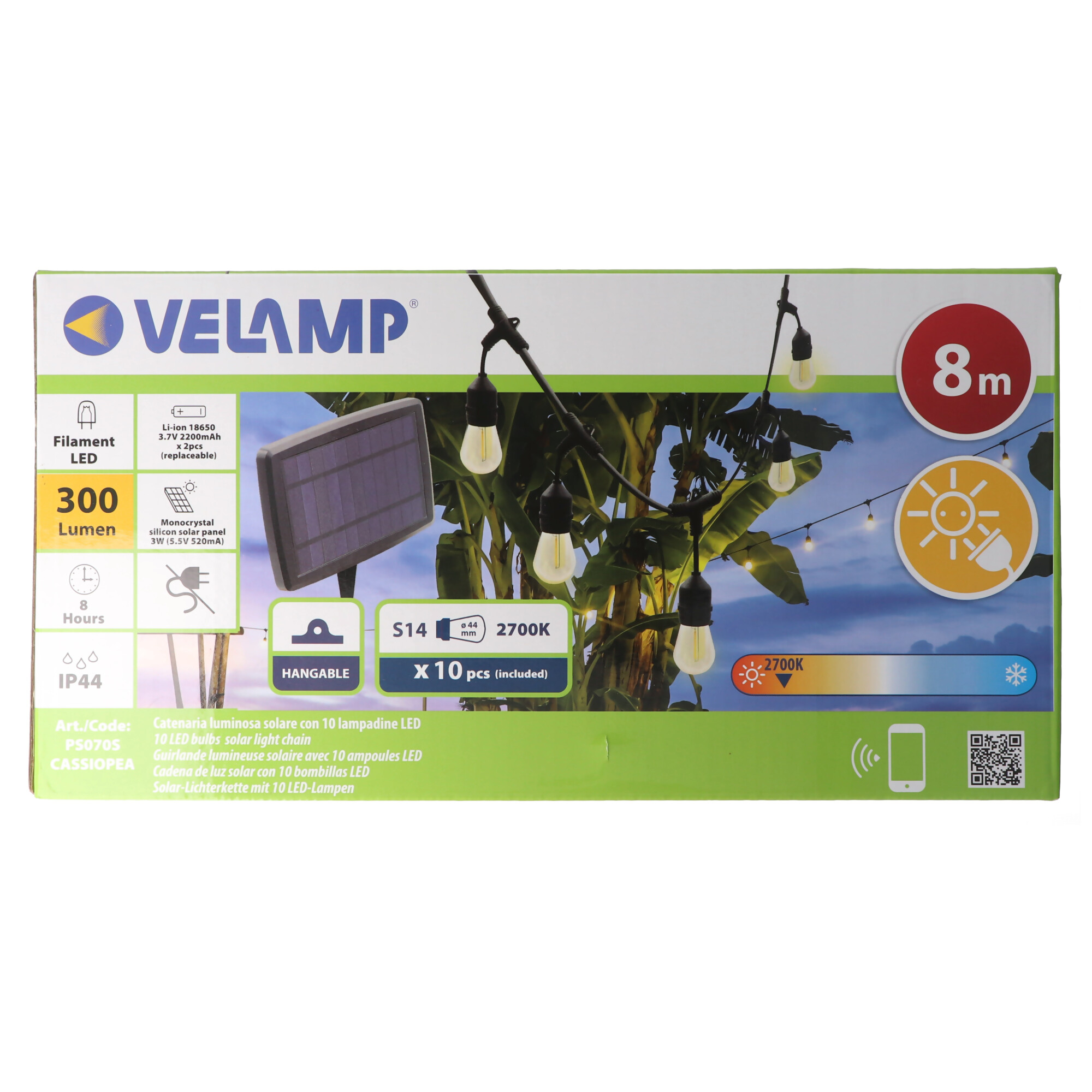 Velamp CASSIOPEA: Solarbetriebene Lichterkette IP44, 10 Meter, 10 transparente Glühbirnen, schwarzes Kabel