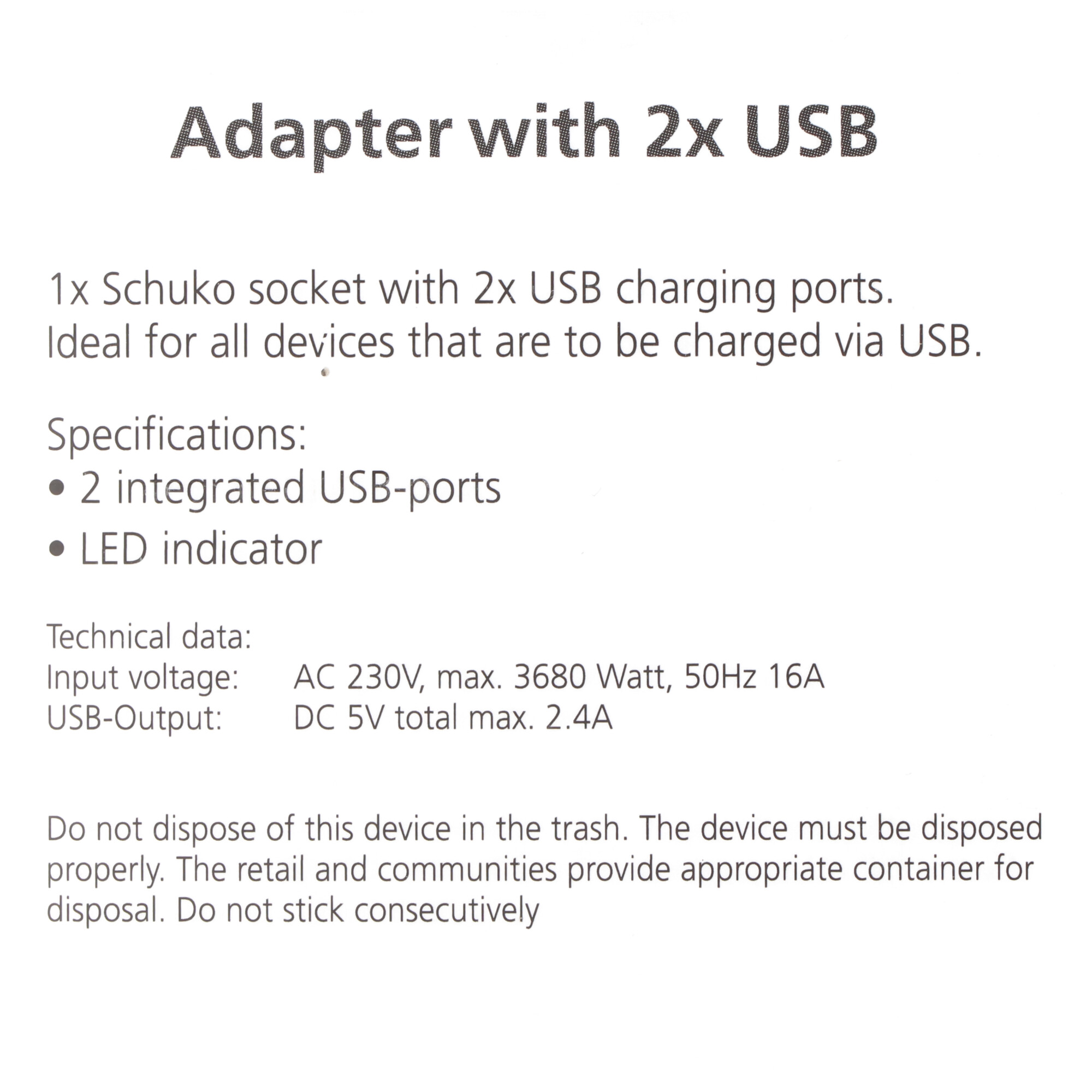 Steckdose mit 2x USB-Port, 2,0A Schutzkontaktsteckdose 16A