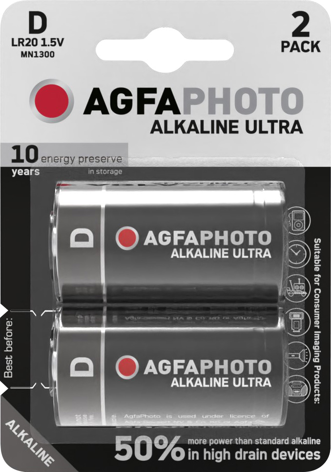Agfaphoto Batterie Alkaline, Mono, D, LR20, 1.5V Ultra, Retail Blister (2-Pack)