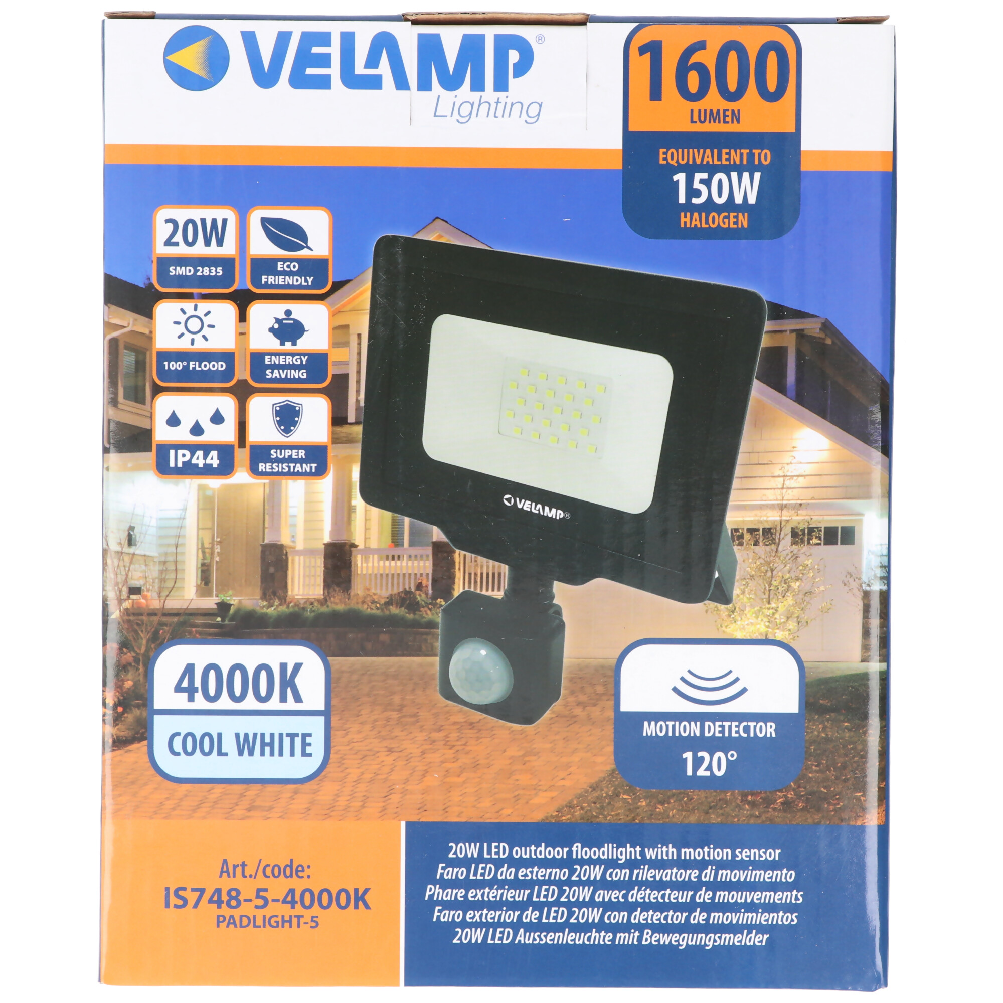 Velamp PADLIGHT5, SMD 20W IP44 LED-Strahler, schwarz, 4000K. Mit IR-Sensor.