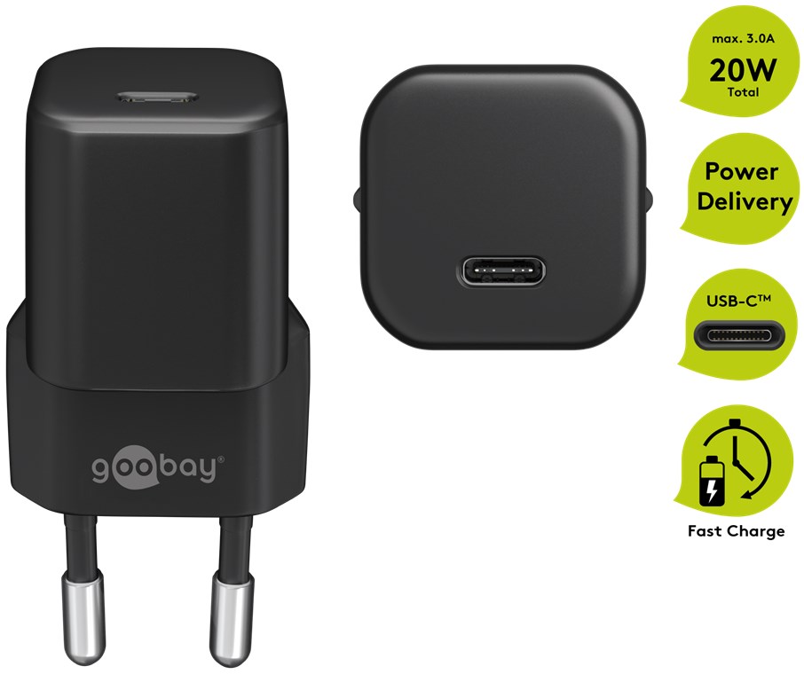 Goobay USB-C™ PD (Power Delivery) Schnellladegerät nano (20 W) schwarz - geeignet für Geräte mit USB-C™ (Power Delivery) wie z.B. iPhone 12