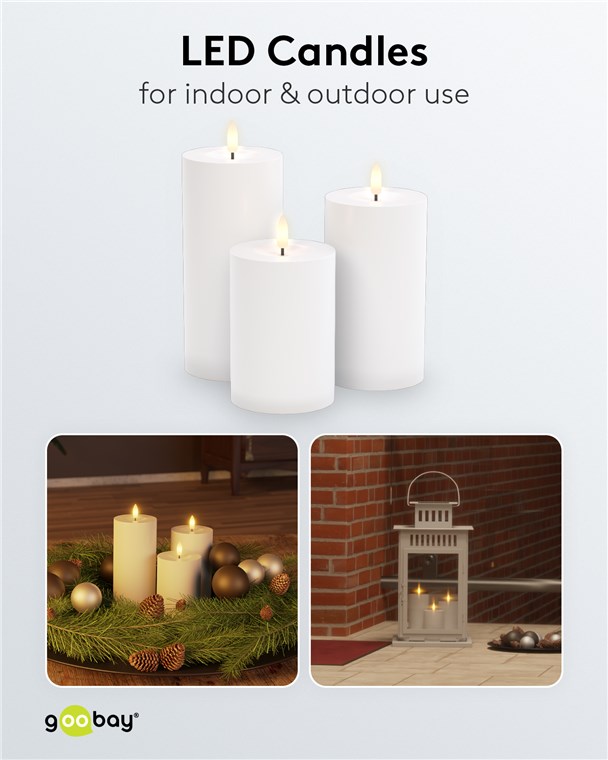Goobay 3er-Set LED-Kerzen "Outdoor" - LED-Beleuchtung mit Fernbedienung, für den Innen- und Außenbereich (IP44), warmweiß (3000 K), batteriebetrieben