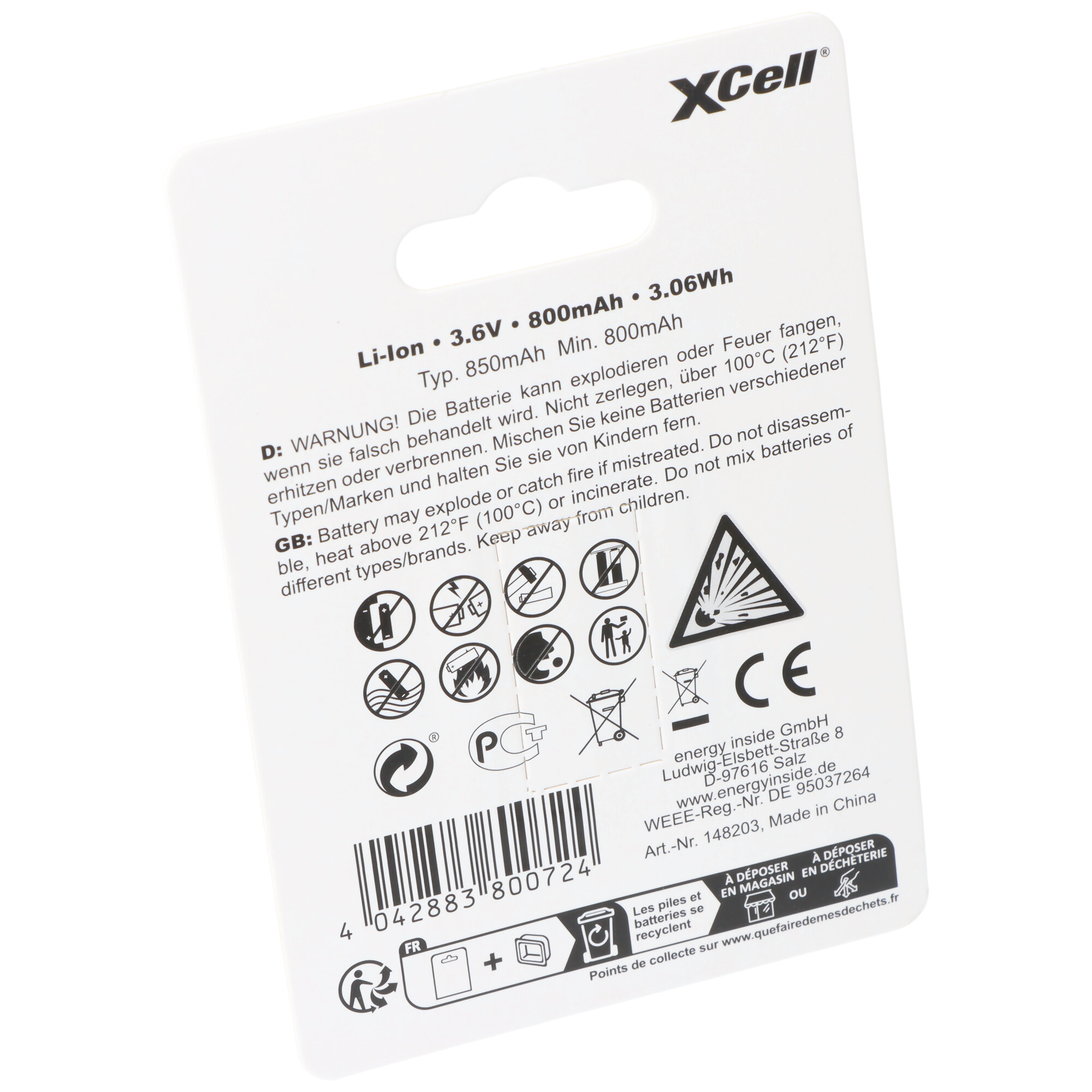 XCell Pro 16340 Li-Ion Akku CR123A geschützter Li-Ion Akku, mit USB-C Ladebuchse, min. 800mAh max. 850mAh, 3,6 Volt