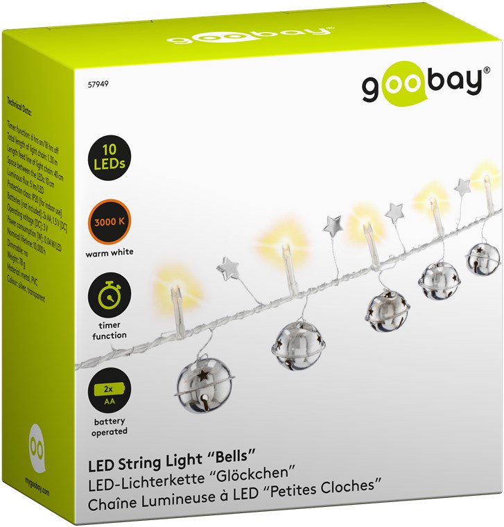 Goobay 10er LED-Lichterkette "Glöckchen" - mit Timer-Funktion, warm-weiß (3000 K), batteriebetrieben