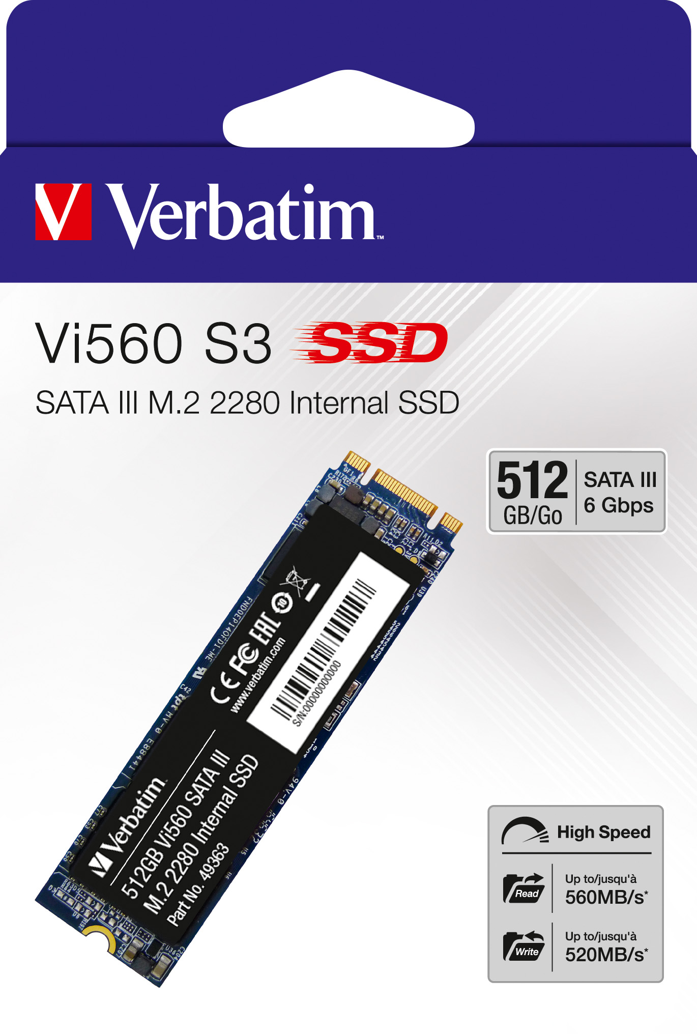Verbatim SSD 512GB, SATA-III, M.2 2280 Vi560 S3, (R) 560MB/s, (W) 520MB/s, Retail