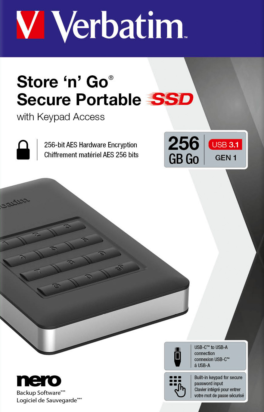 Verbatim SSD 256GB, USB 3.1, A-C, 4.57cm (1.8''), schwarz Secure Portable, Keypad, 256-AES-Bit, Retail