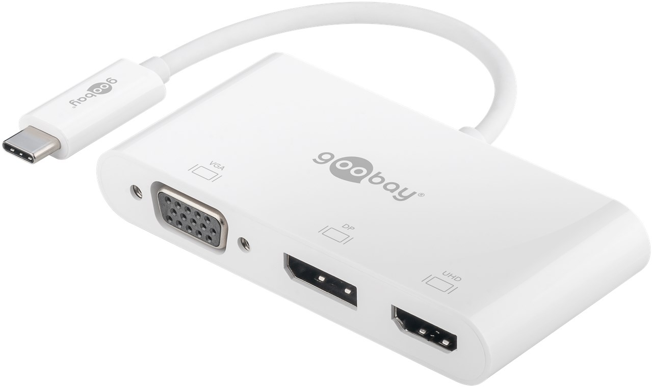 Goobay USB-C™ Multiport-Adapter VGA+DP+HDMI™ - erweitert ein USB-C™-Gerät um einen HDMI™-, einen DisplayPort und einen VGA-Anschluss