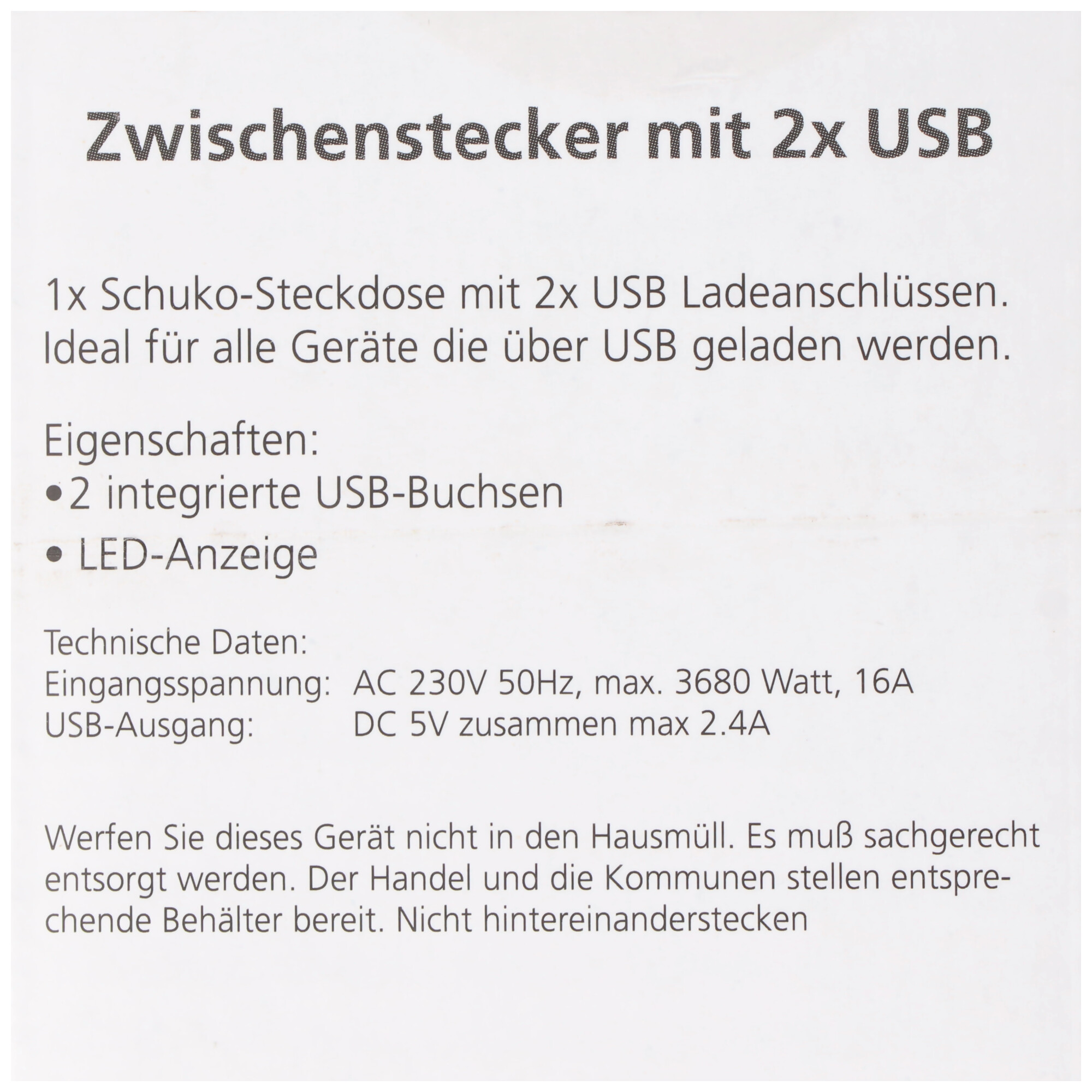 Steckdose mit 2x USB-Port, 2,0A Schutzkontaktsteckdose 16A
