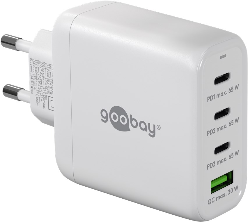Goobay USB-C™ PD Multiport-Schnellladegerät (68 W) weiß - 3x USB-C™-Anschlüsse (Power Delivery) und 1x USB-A-Anschluss (Quick Charge) - weiß