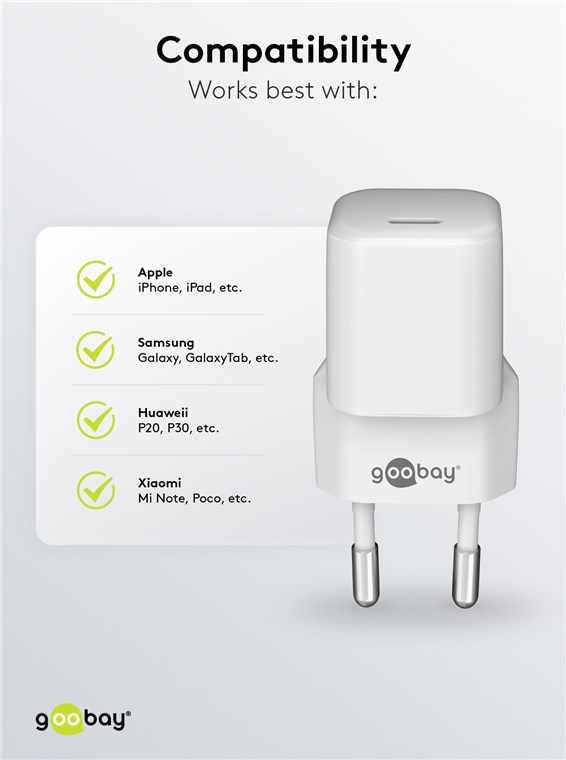Goobay USB-C™ PD (Power Delivery) Schnellladegerät nano (20 W) weiß - geeignet für Geräte mit USB-C™ (Power Delivery) wie z.B. iPhone 12