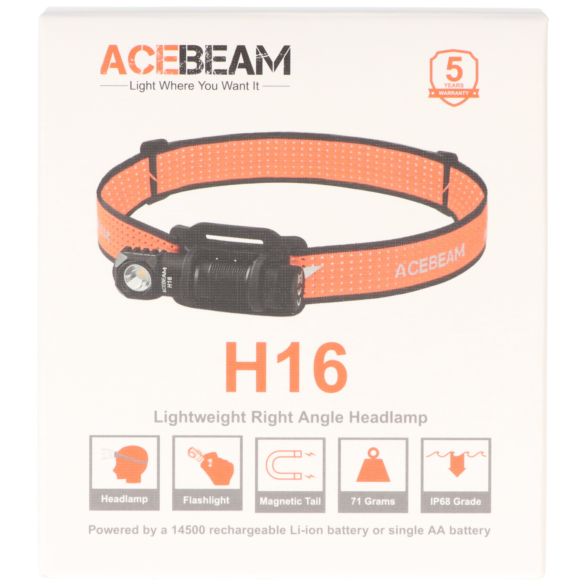 AceBeam H16 LED Stirnlampe mit max. 650 Lumen, 5.000K neutralweiß mit schwarzem Gehäuse, reflektierendes Kopfband, inklusive 14500 Li-Ion Akku