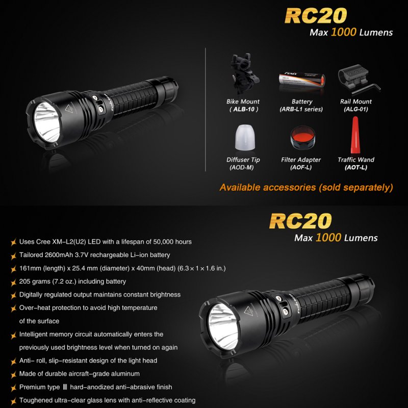 Fenix RC20 LED Taschenlampe mit Li-Ion Akku und Ladestation