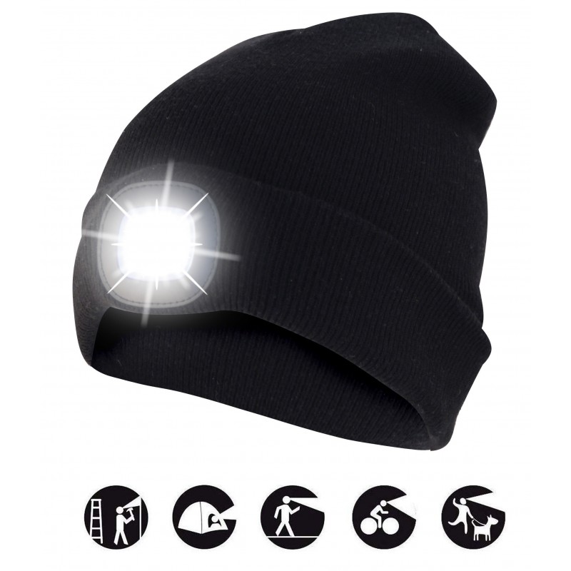 Mütze mit LED-Frontleuchte, Strickmütze mit LED-Licht ideal zum Joggen, Campen, Arbeiten, Spazieren etc., wiederaufladbar per USB und waschbar, schwarz