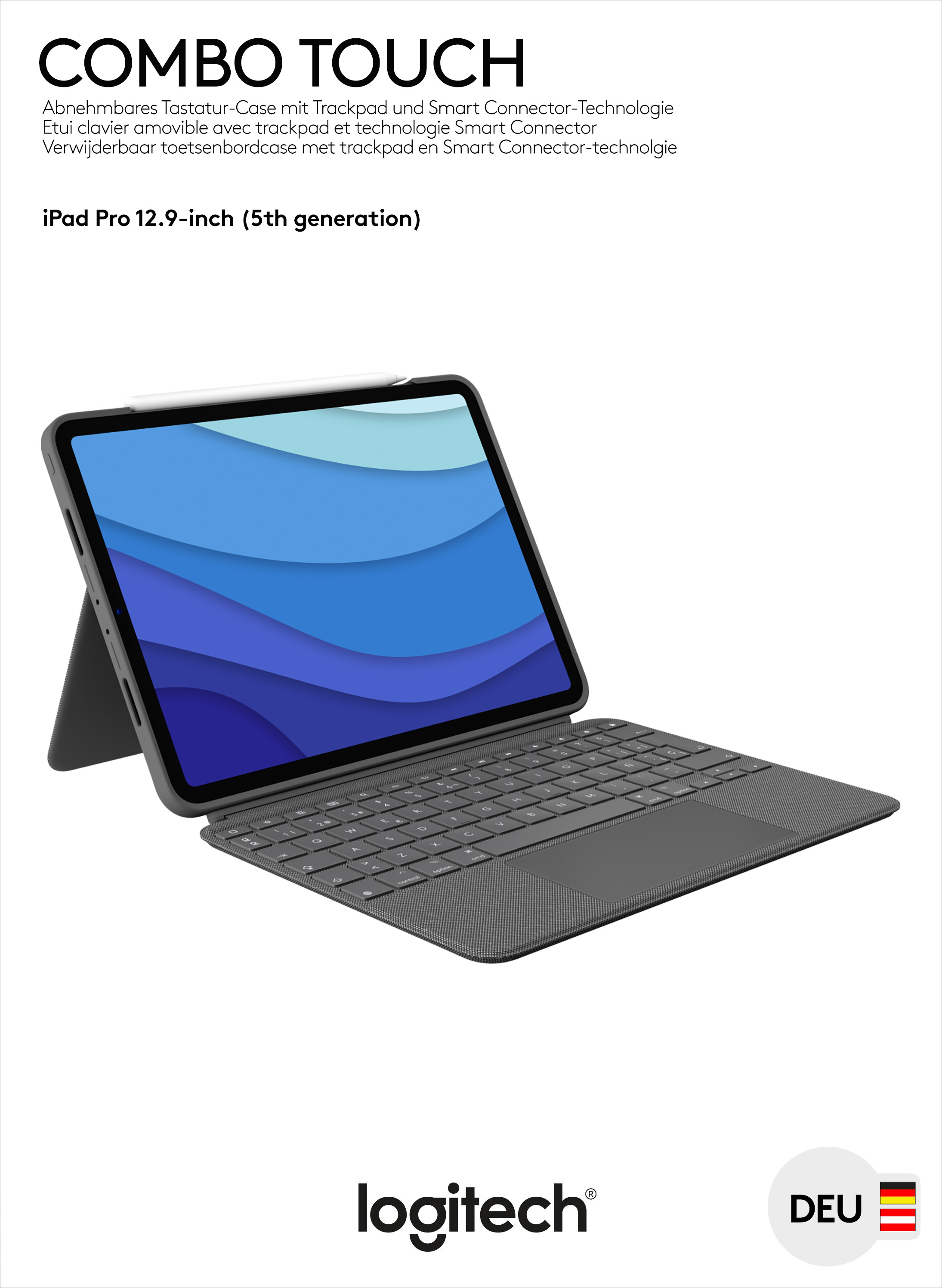 Logitech Tastatur Combo Touch, Smart Connector, grau für Apple iPad Pro 12.9", Gen.5/6, Trackpad, DE, Retail